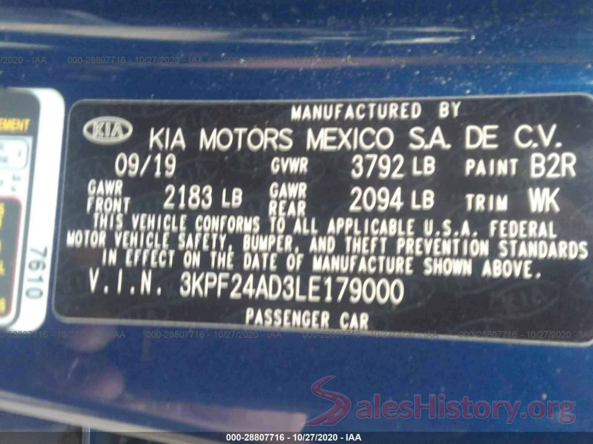 3KPF24AD3LE179000 2020 KIA FORTE