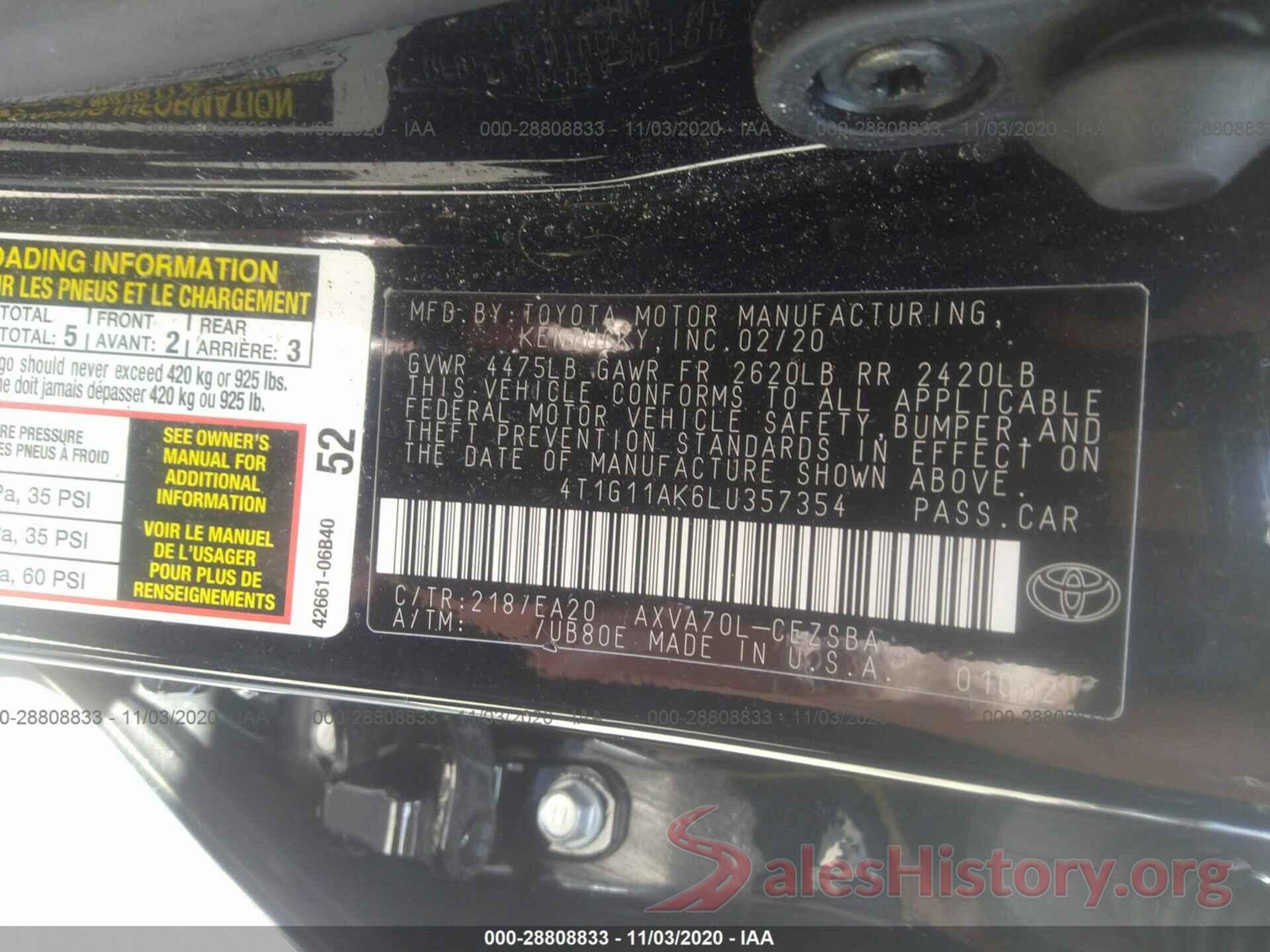 4T1G11AK6LU357354 2020 TOYOTA CAMRY