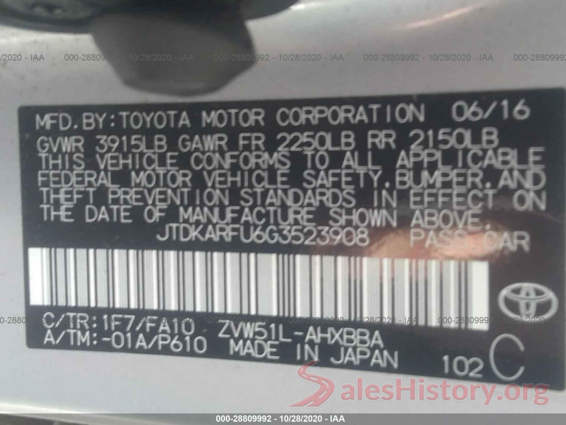 JTDKARFU6G3523908 2016 TOYOTA PRIUS