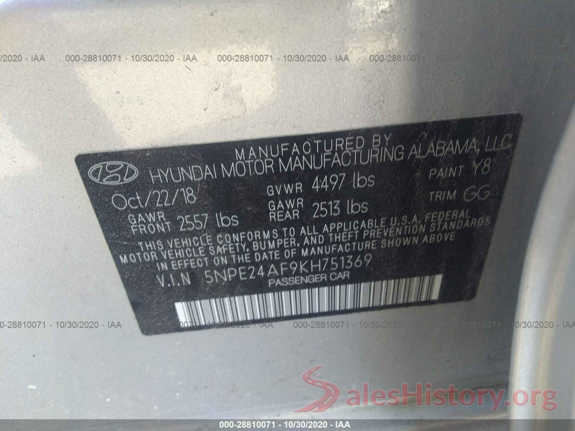 5NPE24AF9KH751369 2019 HYUNDAI SONATA