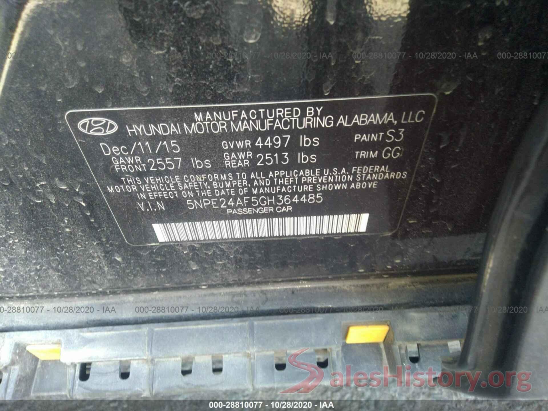 5NPE24AF5GH364485 2016 HYUNDAI SONATA