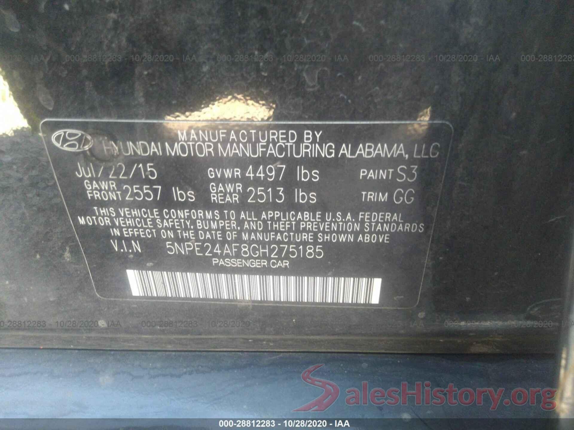 5NPE24AF8GH275185 2016 HYUNDAI SONATA