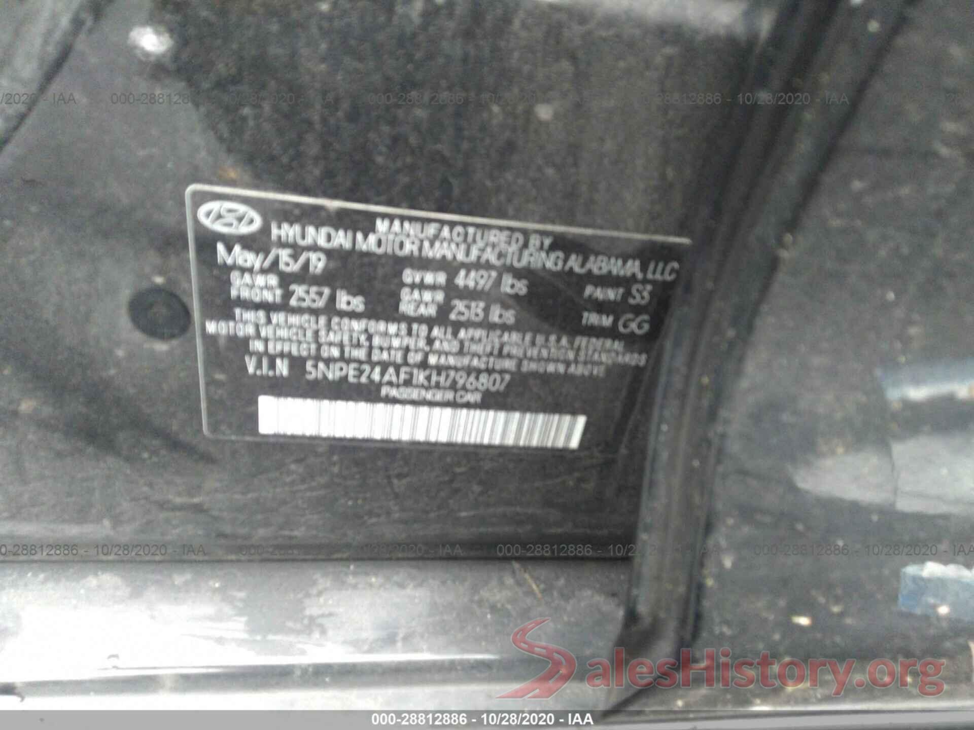 5NPE24AF1KH796807 2019 HYUNDAI SONATA