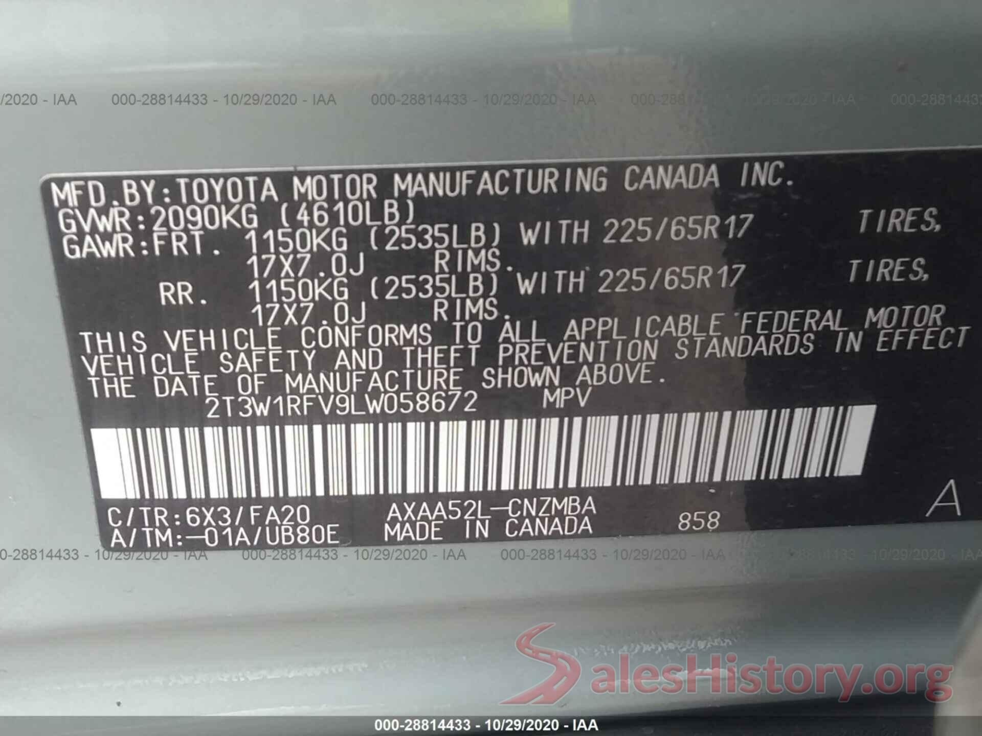 2T3W1RFV9LW058672 2020 TOYOTA RAV4