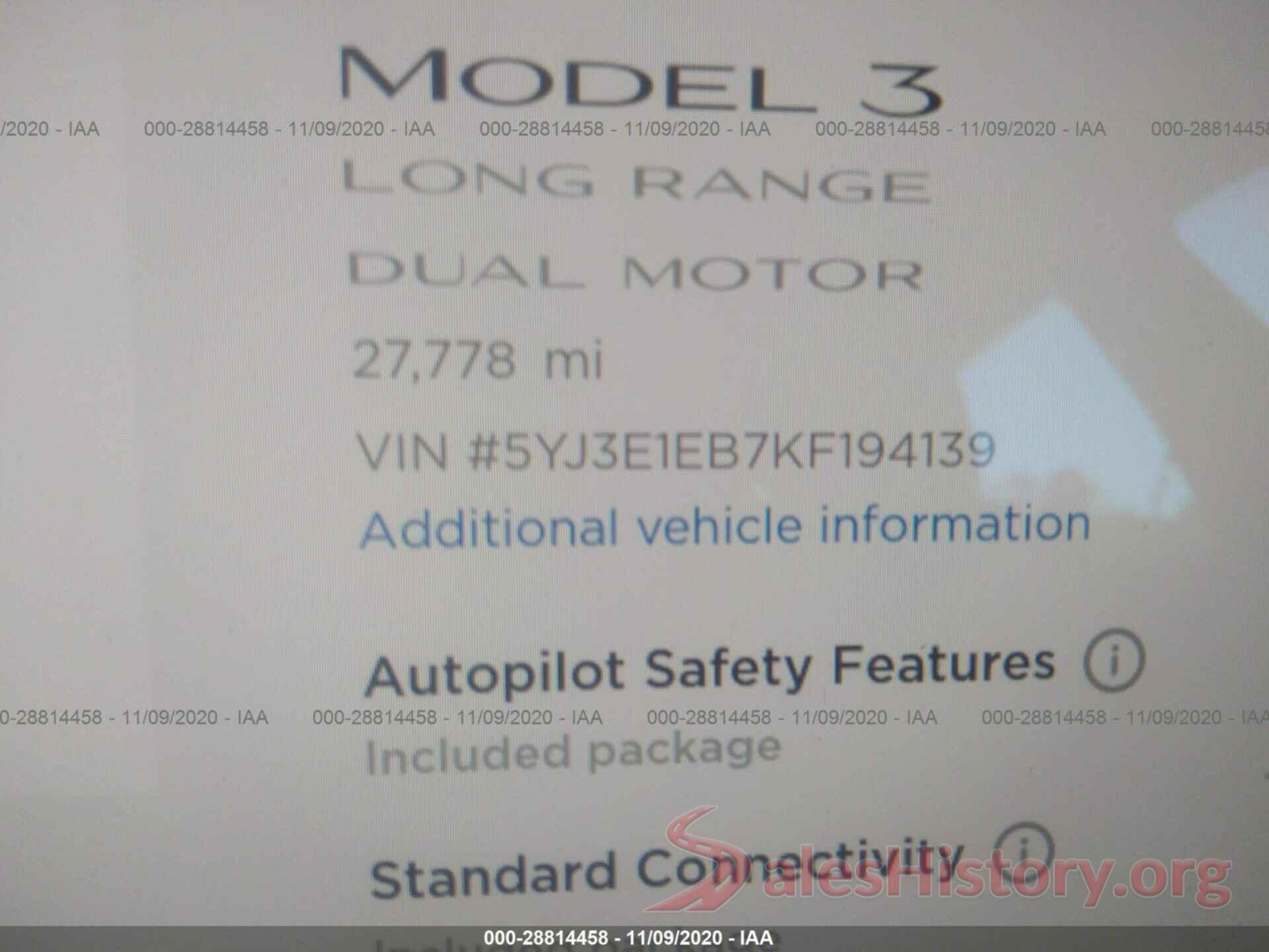 5YJ3E1EB7KF194139 2019 TESLA MODEL 3