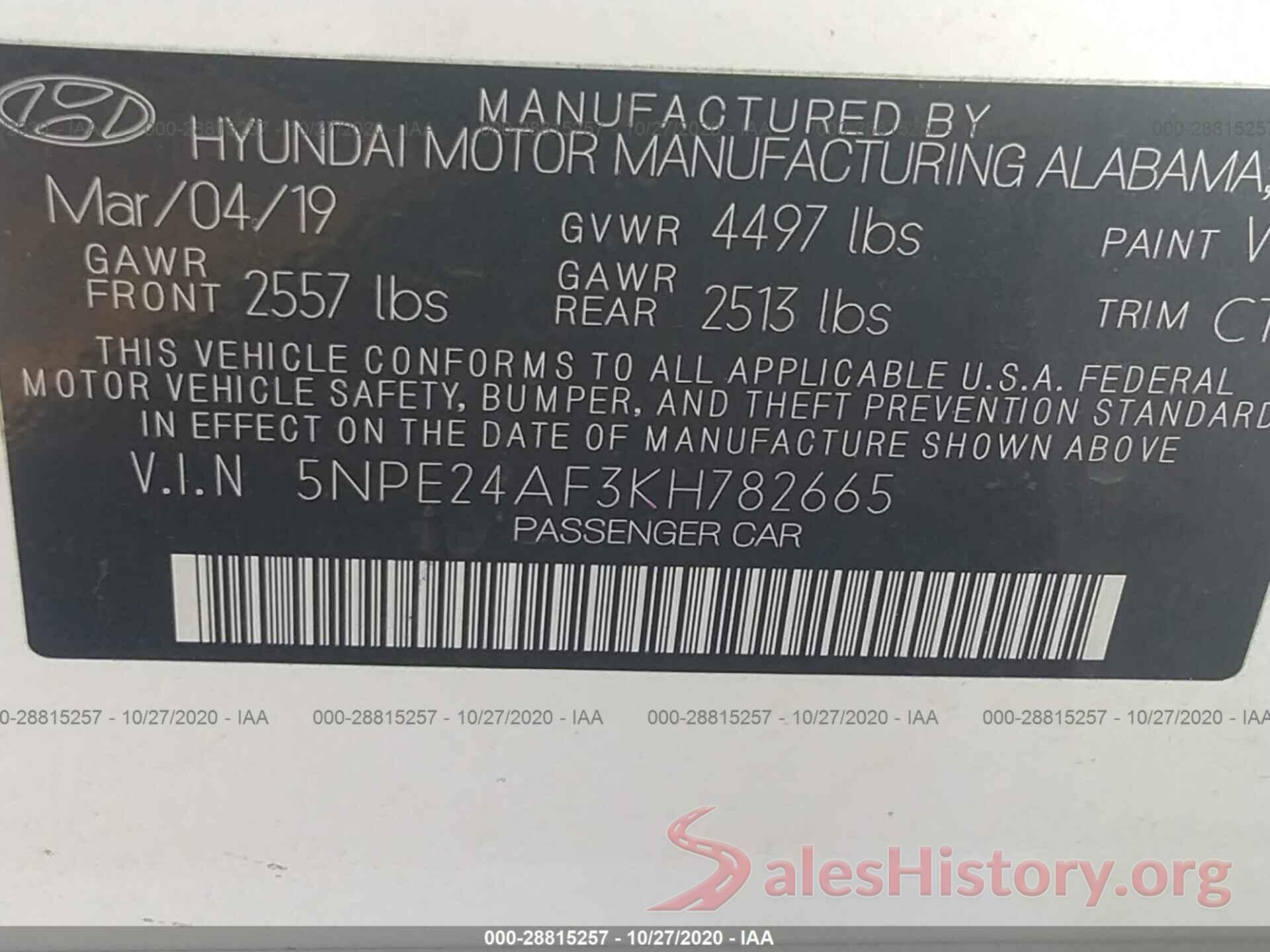 5NPE24AF3KH782665 2019 HYUNDAI SONATA