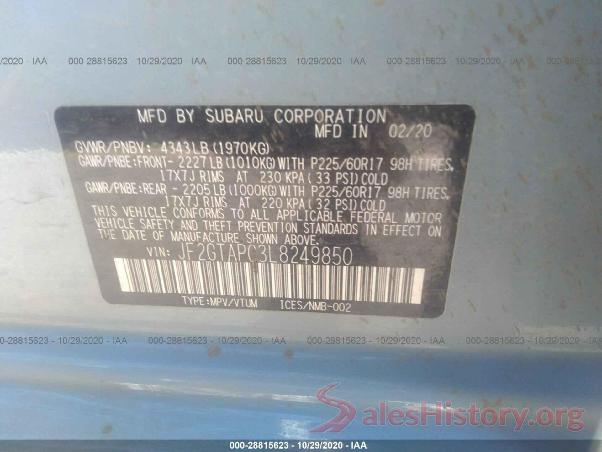 JF2GTAPC3L8249850 2020 SUBARU CROSSTREK