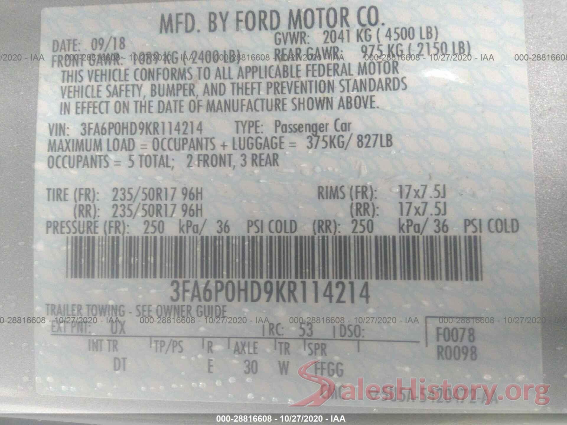 3FA6P0HD9KR114214 2019 FORD FUSION