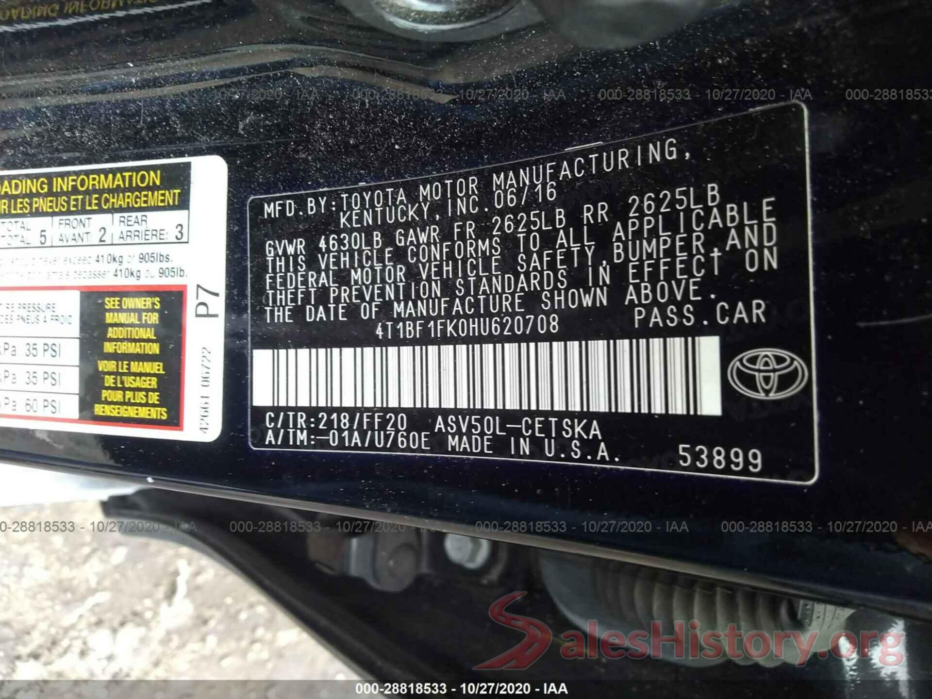 4T1BF1FK0HU620708 2017 TOYOTA CAMRY