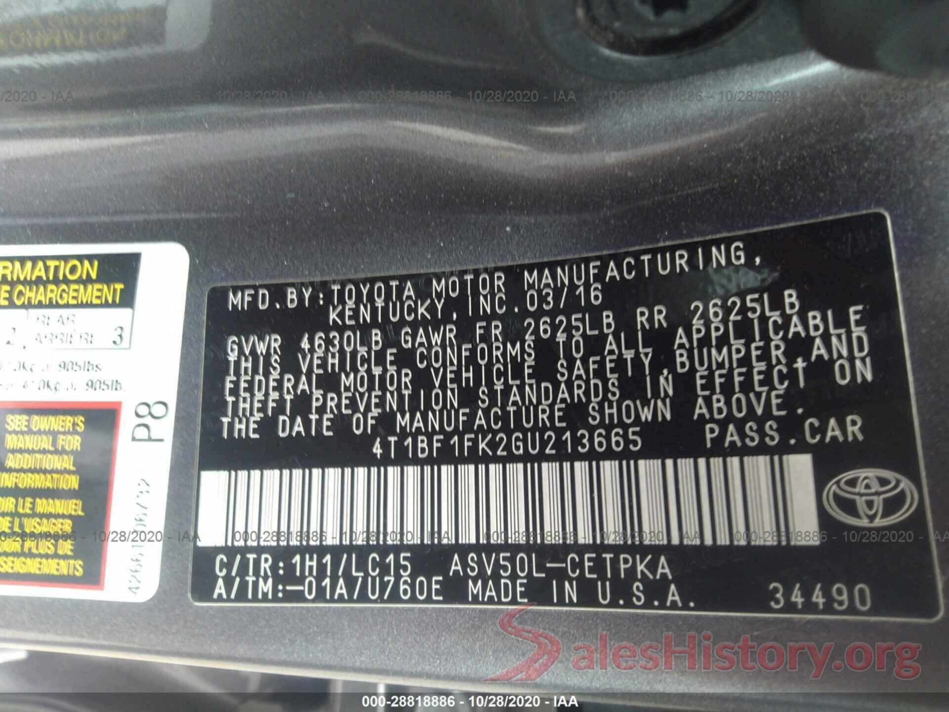 4T1BF1FK2GU213665 2016 TOYOTA CAMRY