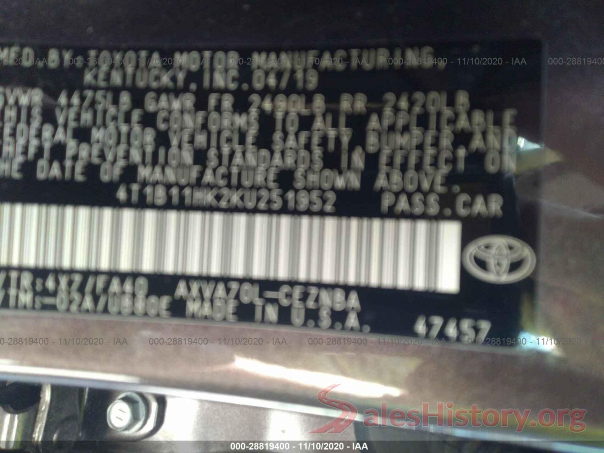 4T1B11HK2KU251952 2019 TOYOTA CAMRY