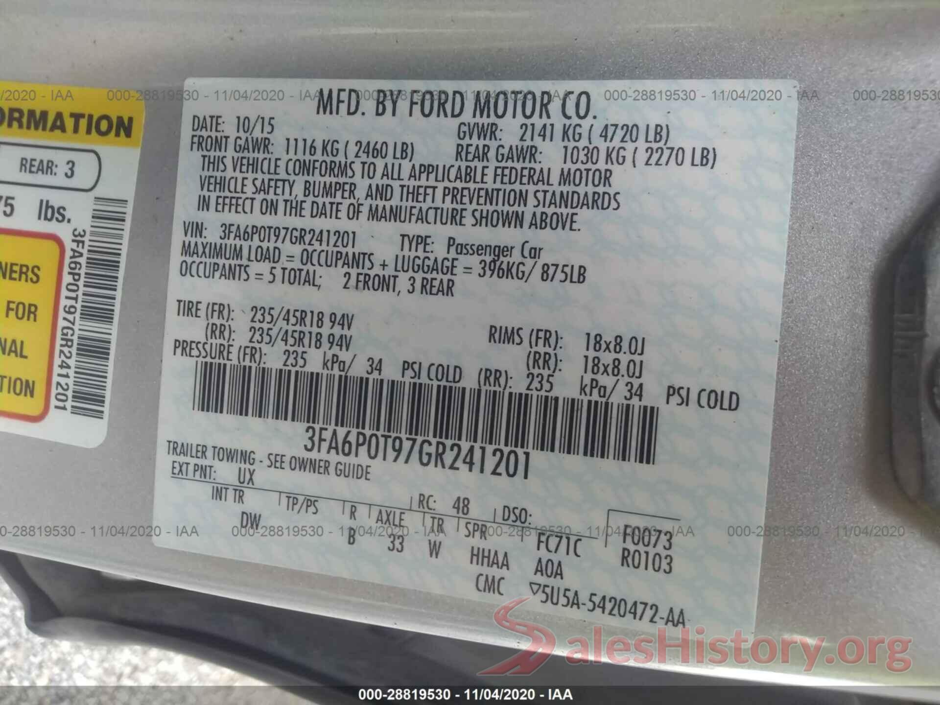 3FA6P0T97GR241201 2016 FORD FUSION