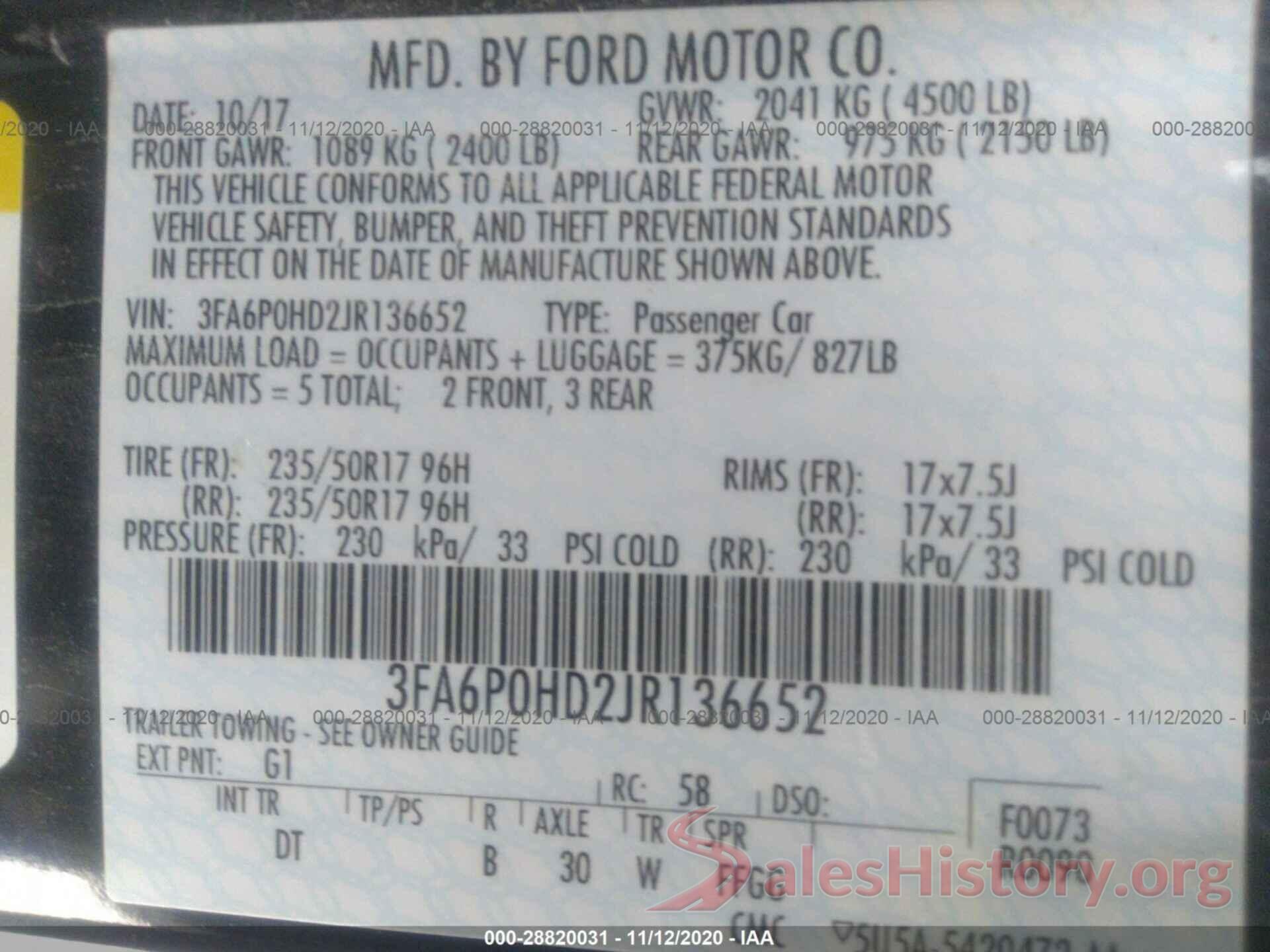 3FA6P0HD2JR136652 2018 FORD FUSION