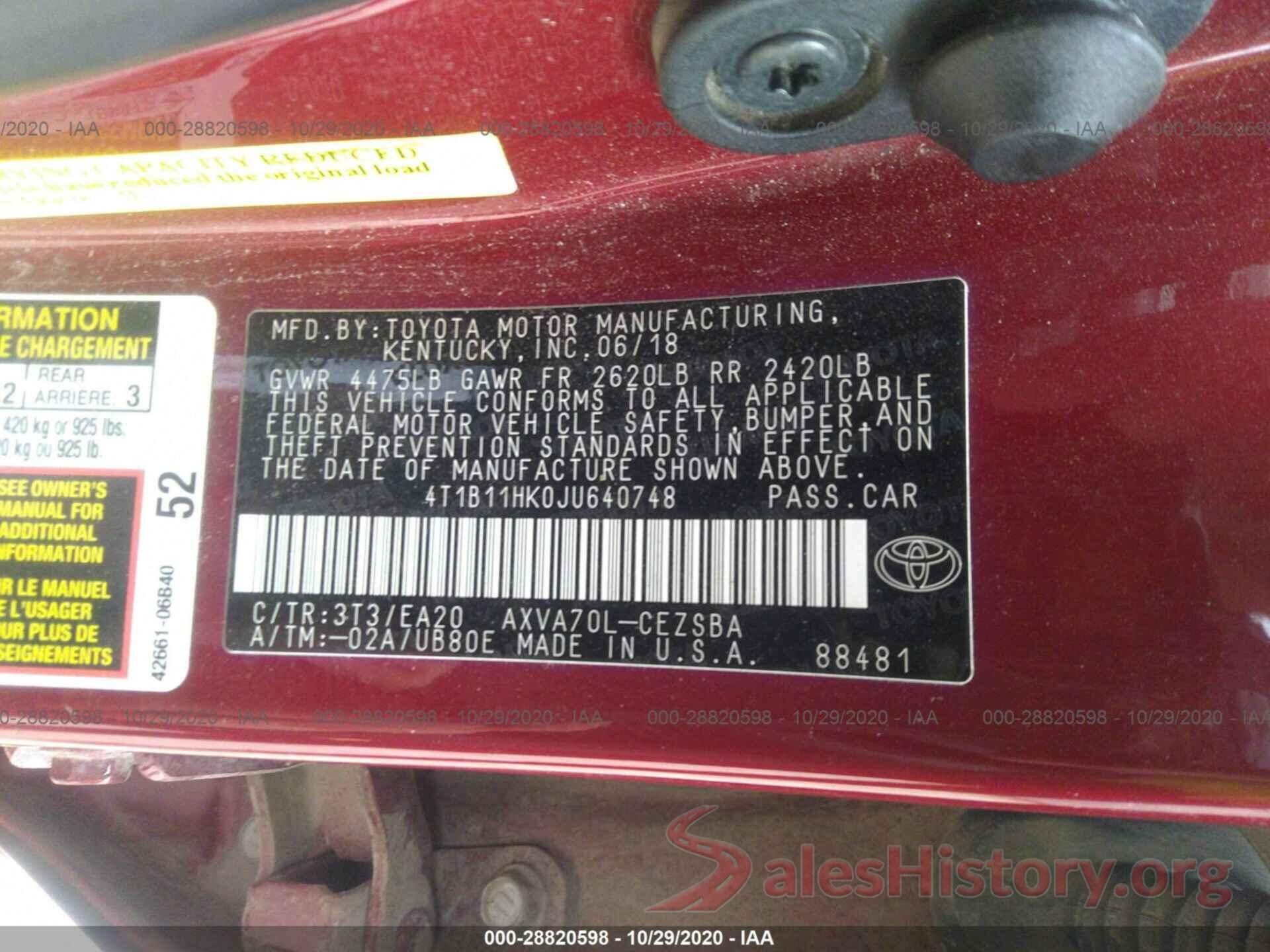 4T1B11HK0JU640748 2018 TOYOTA CAMRY