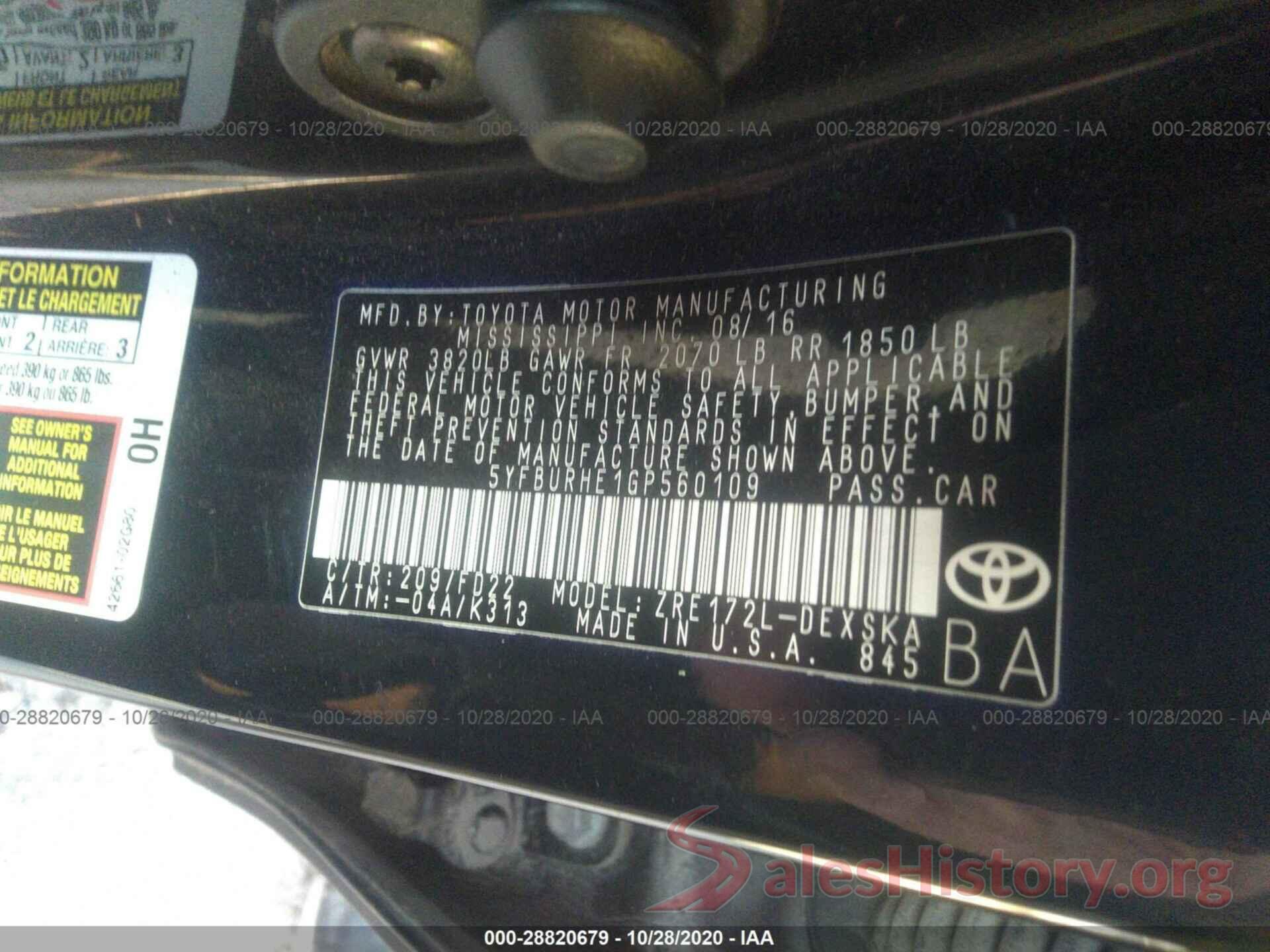 5YFBURHE1GP560109 2016 TOYOTA COROLLA