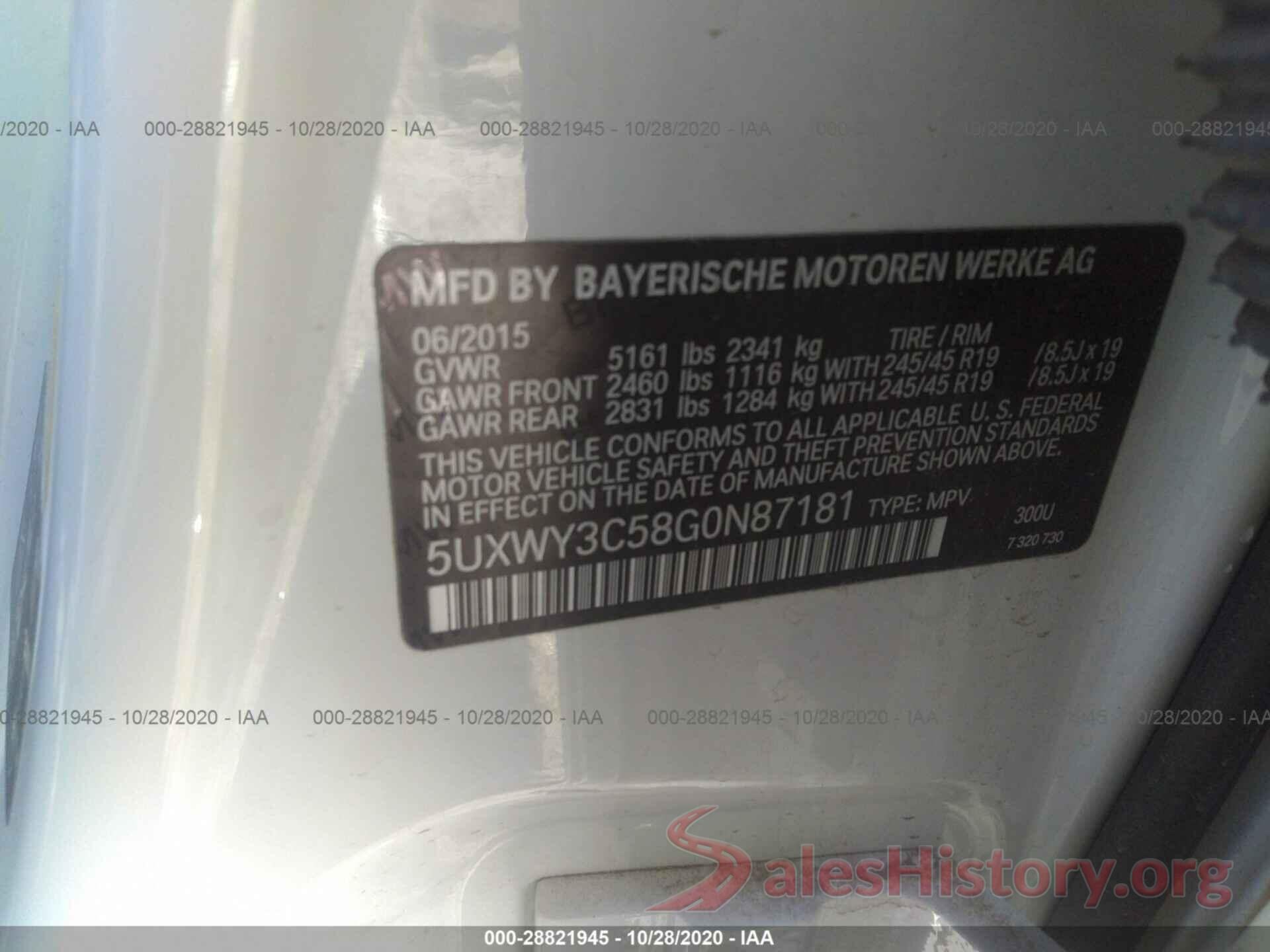 5UXWY3C58G0N87181 2016 BMW X3