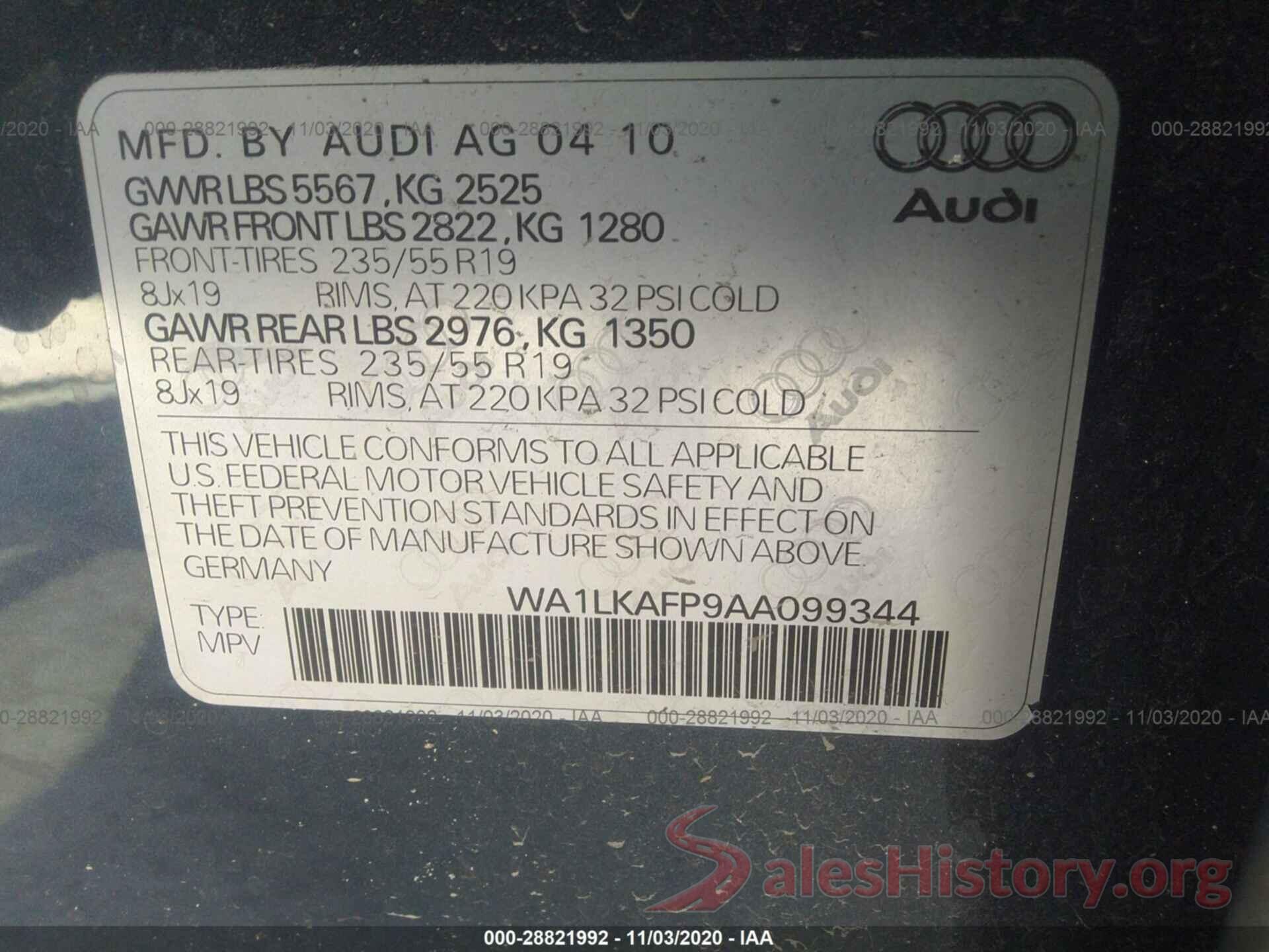 WA1LKAFP9AA099344 2010 AUDI Q5