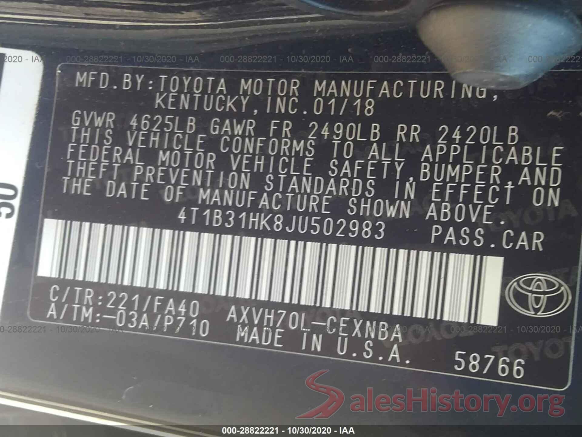 4T1B31HK8JU502983 2018 TOYOTA CAMRY