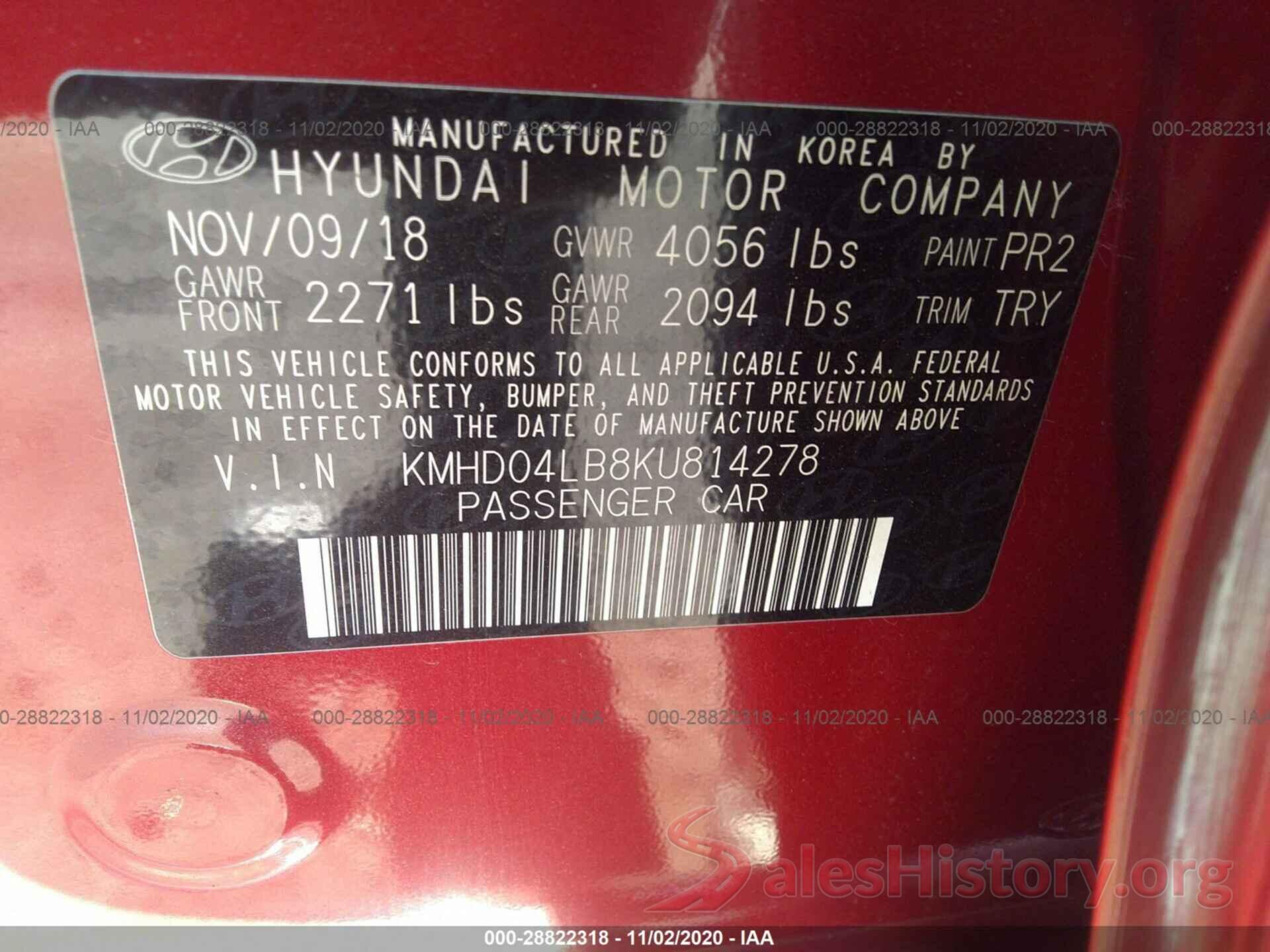 KMHD04LB8KU814278 2019 HYUNDAI ELANTRA