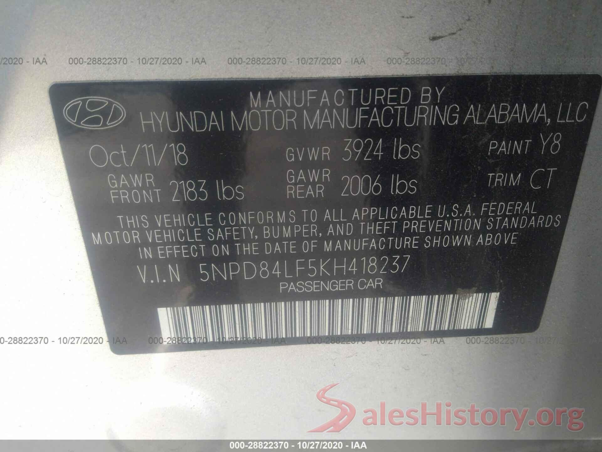 5NPD84LF5KH418237 2019 HYUNDAI ELANTRA