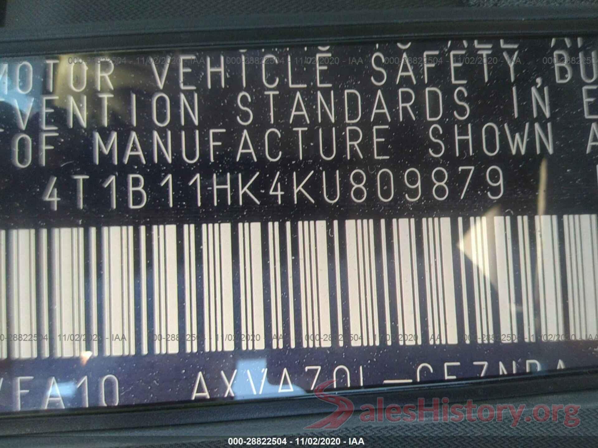 4T1B11HK4KU809879 2019 TOYOTA CAMRY