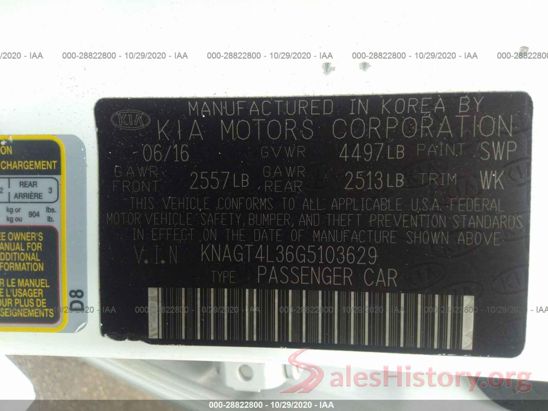 KNAGT4L36G5103629 2016 KIA OPTIMA