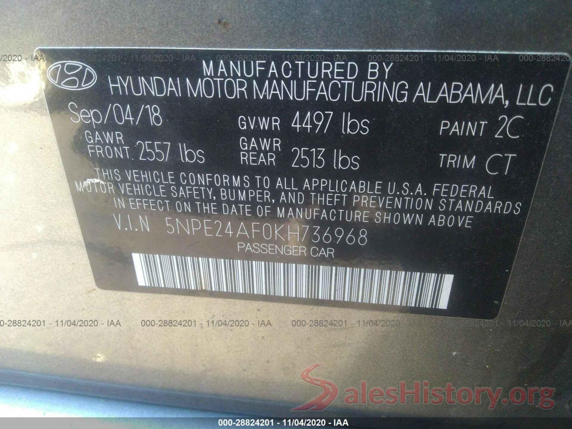 5NPE24AF0KH736968 2019 HYUNDAI SONATA