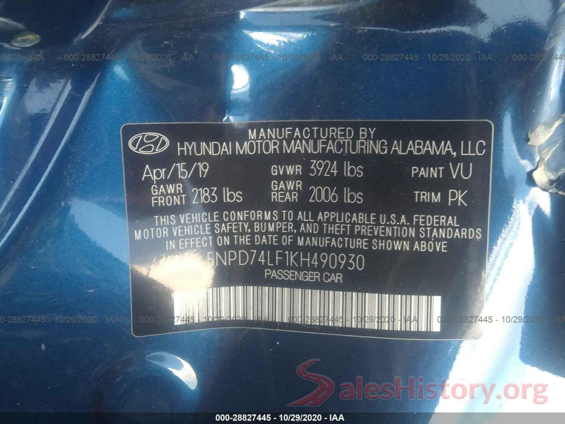 5NPD74LF1KH490930 2019 HYUNDAI ELANTRA