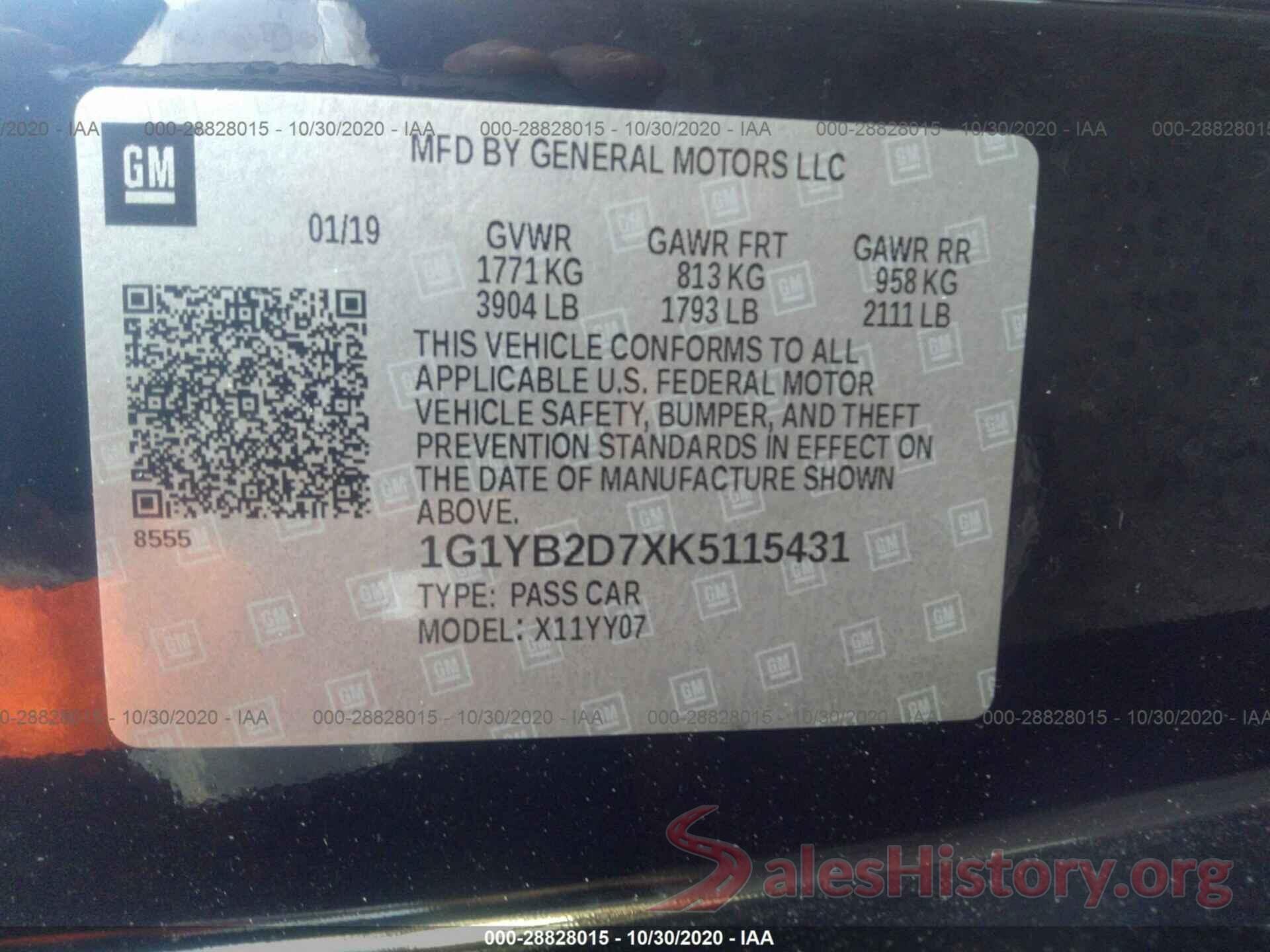 1G1YB2D7XK5115431 2019 CHEVROLET CORVETTE