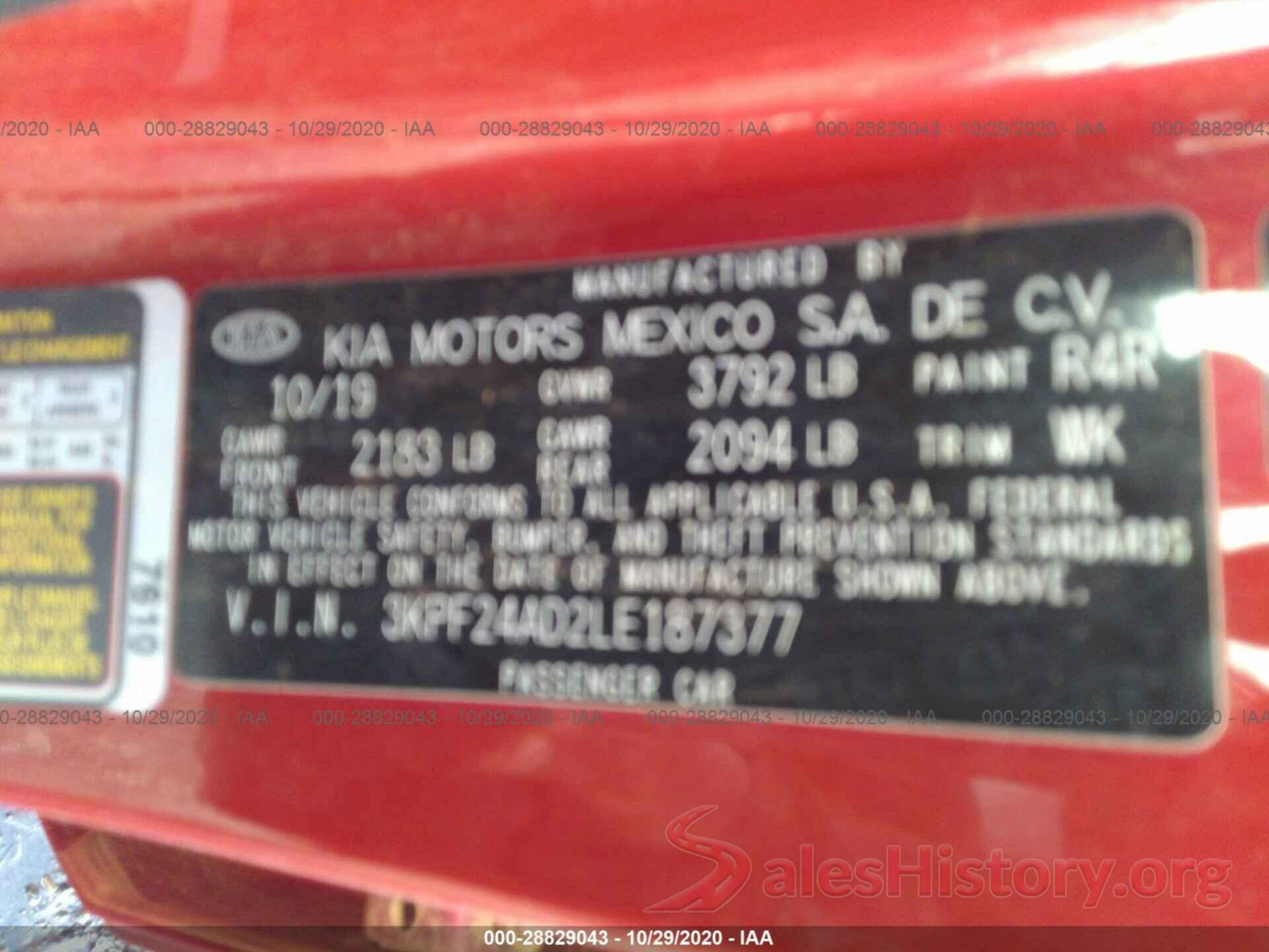 3KPF24AD2LE187377 2020 KIA FORTE