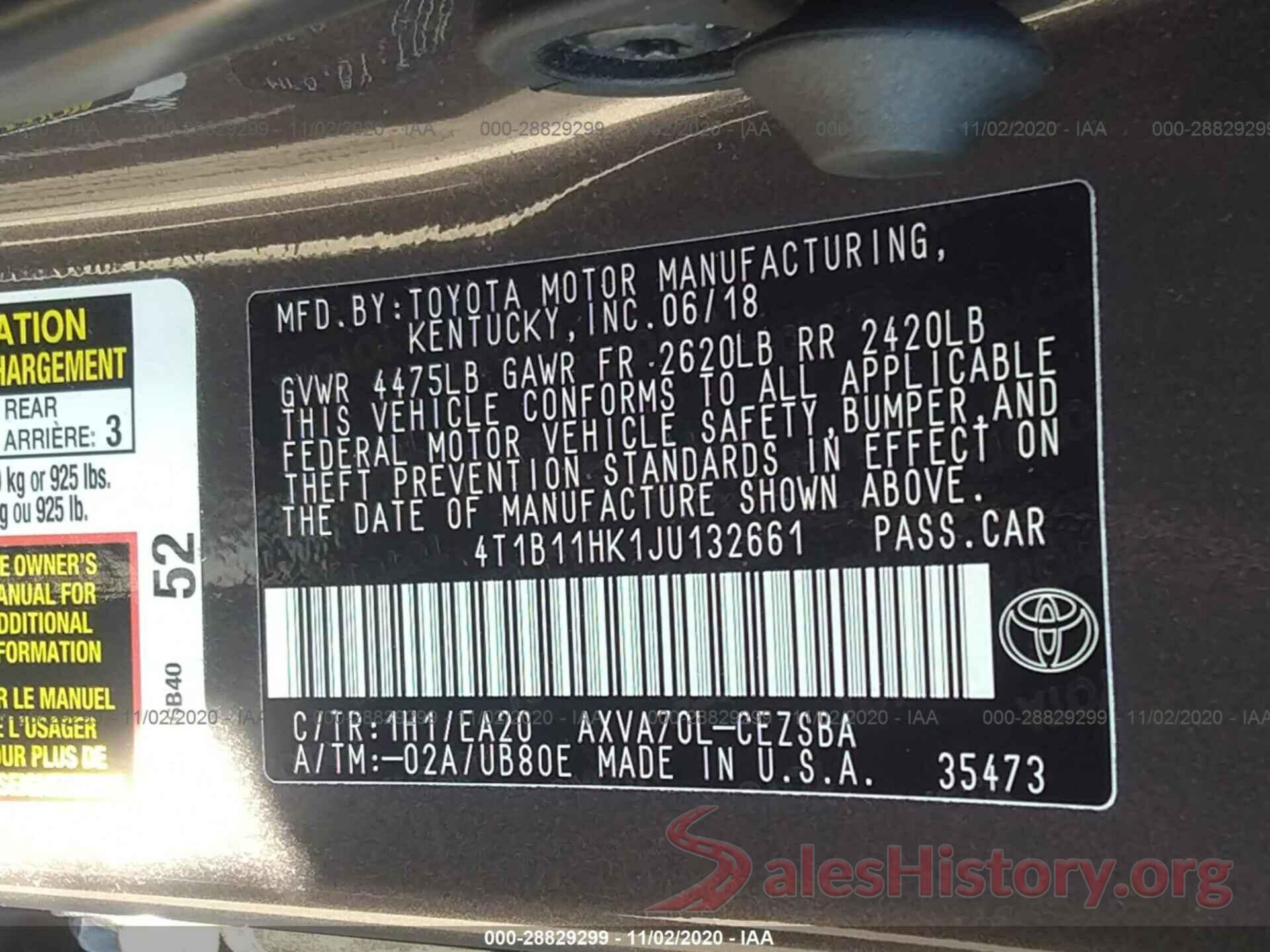 4T1B11HK1JU132661 2018 TOYOTA CAMRY