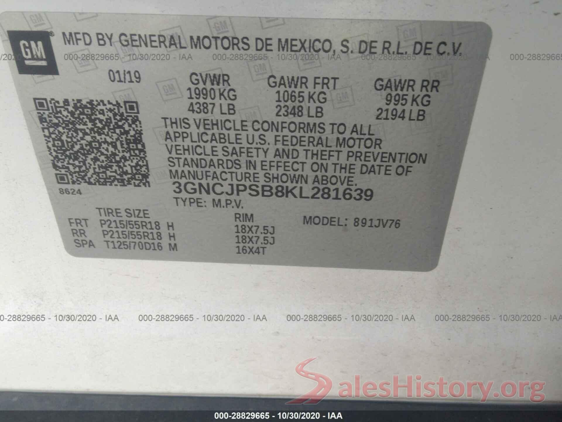 3GNCJPSB8KL281639 2019 CHEVROLET TRAX