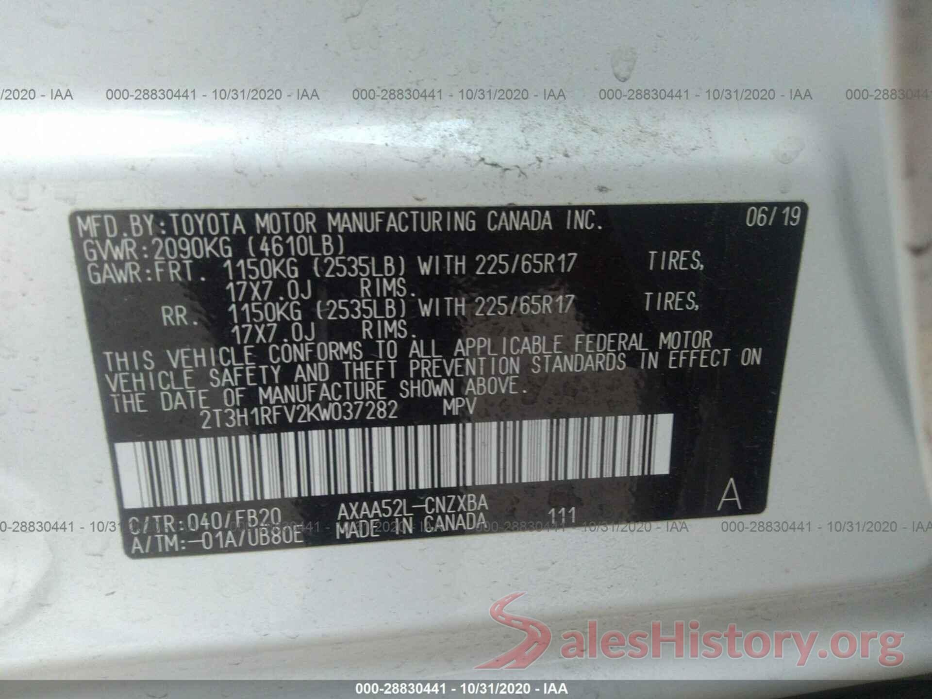 2T3H1RFV2KW037282 2019 TOYOTA RAV4