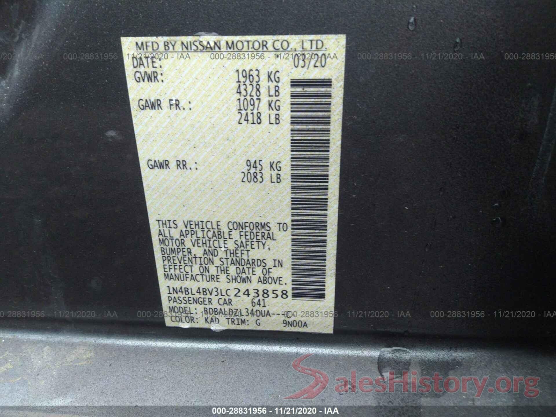 1N4BL4BV3LC243858 2020 NISSAN ALTIMA