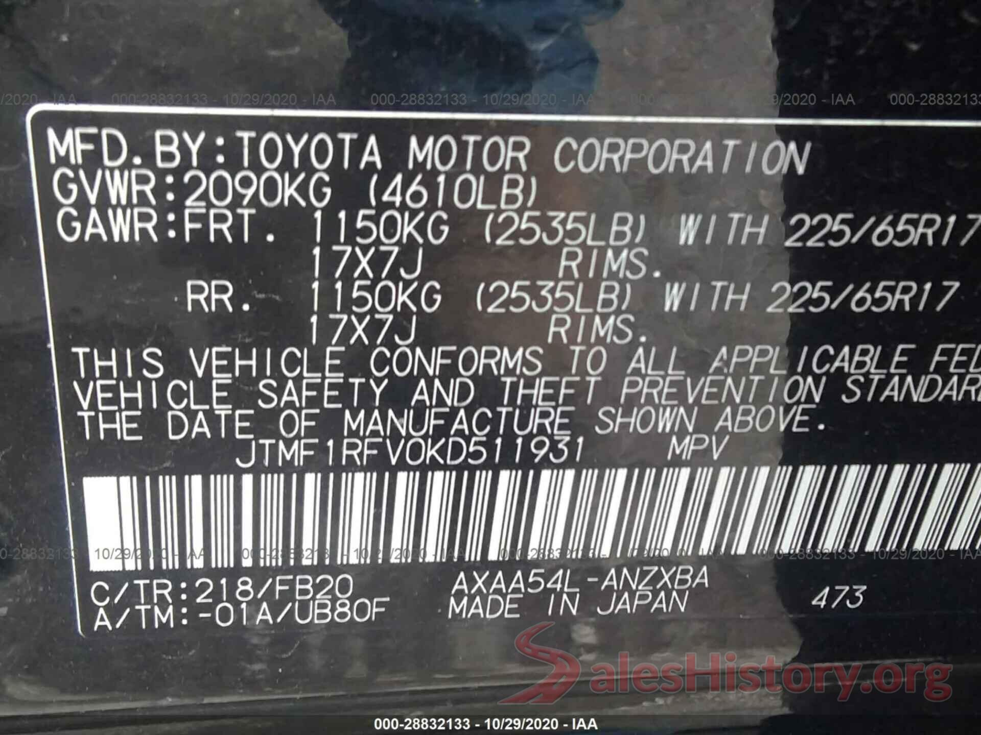 JTMF1RFV0KD511931 2019 TOYOTA RAV4