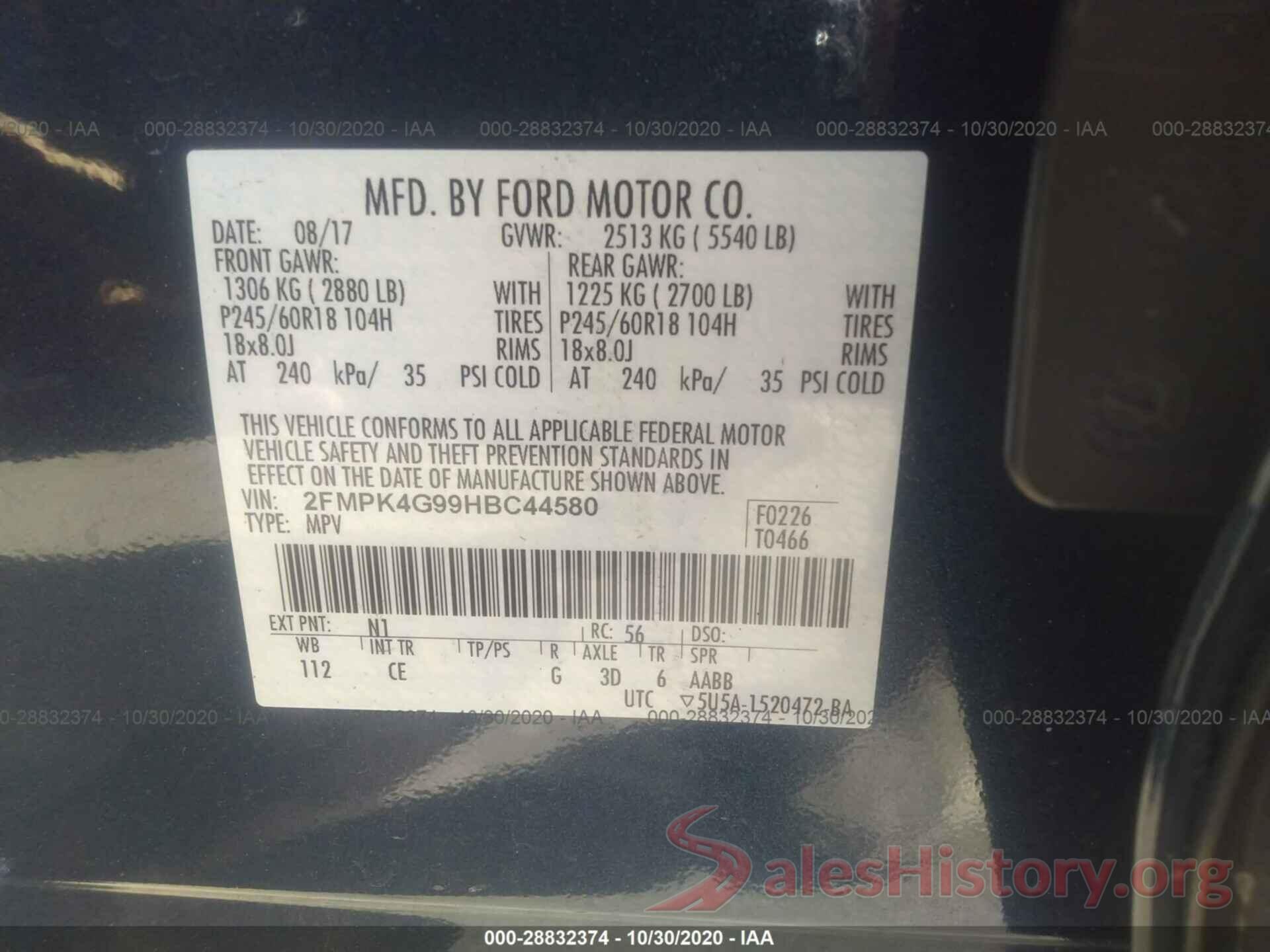 2FMPK4G99HBC44580 2017 FORD EDGE