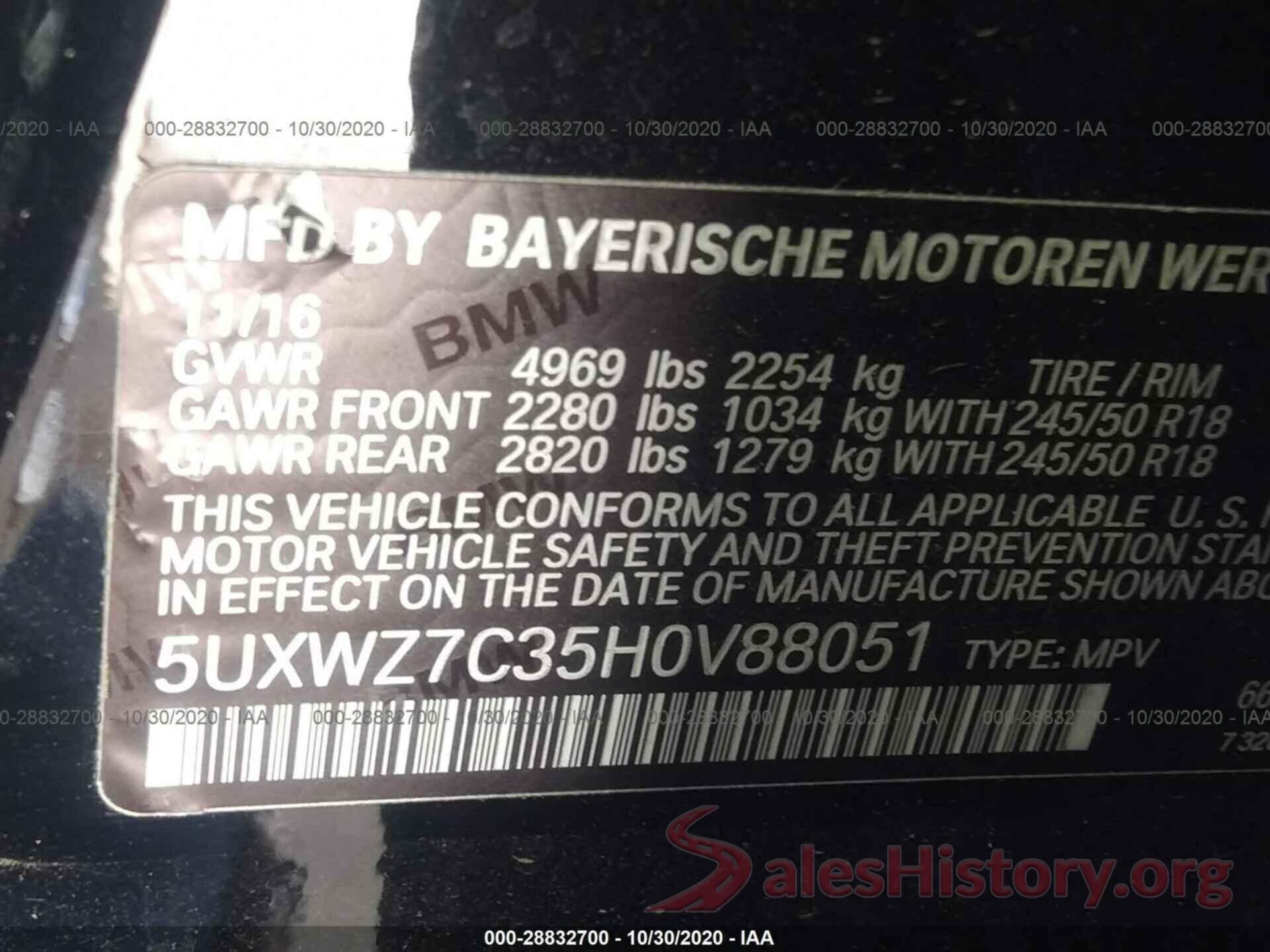 5UXWZ7C35H0V88051 2017 BMW X3