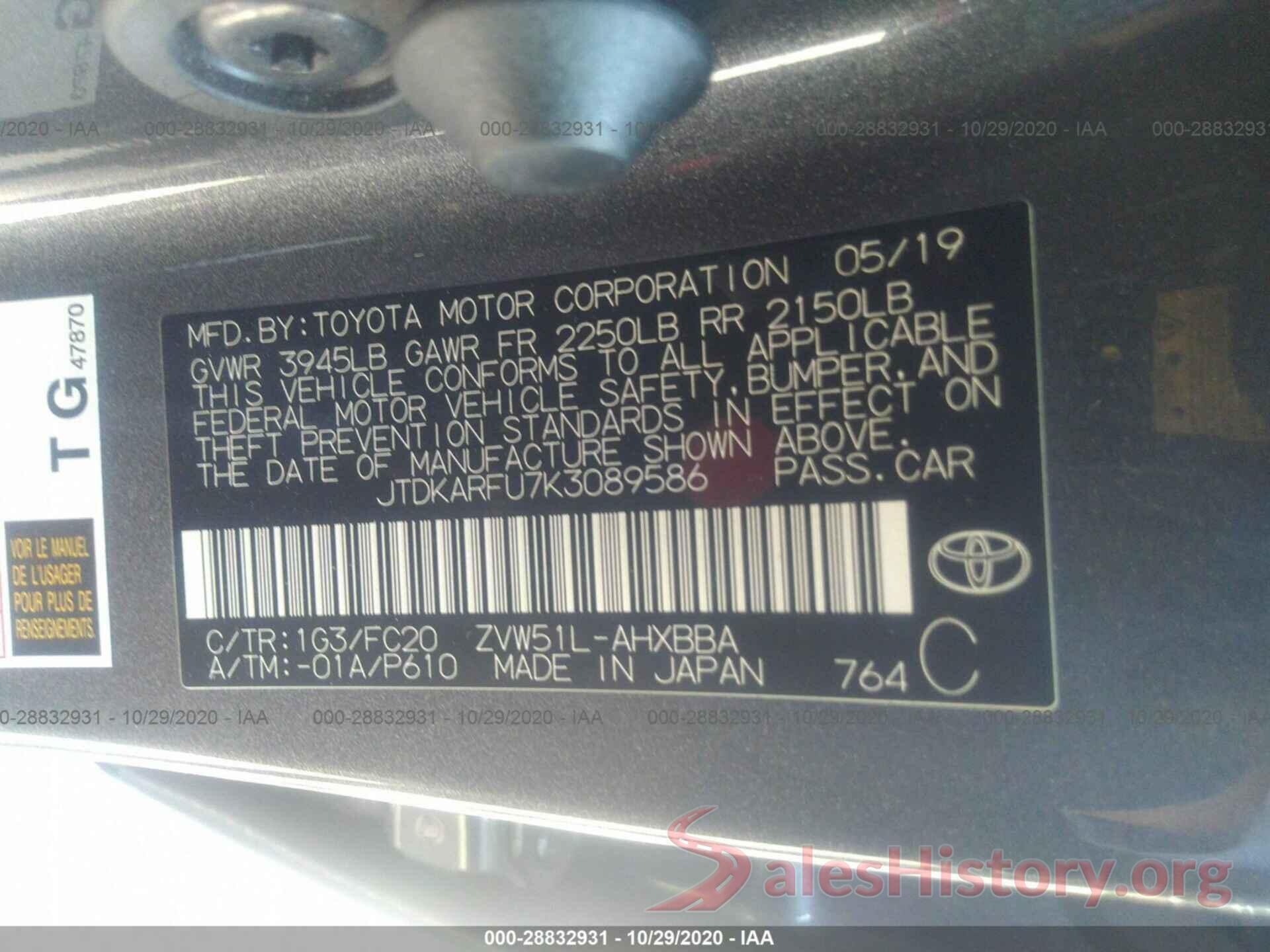 JTDKARFU7K3089586 2019 TOYOTA PRIUS