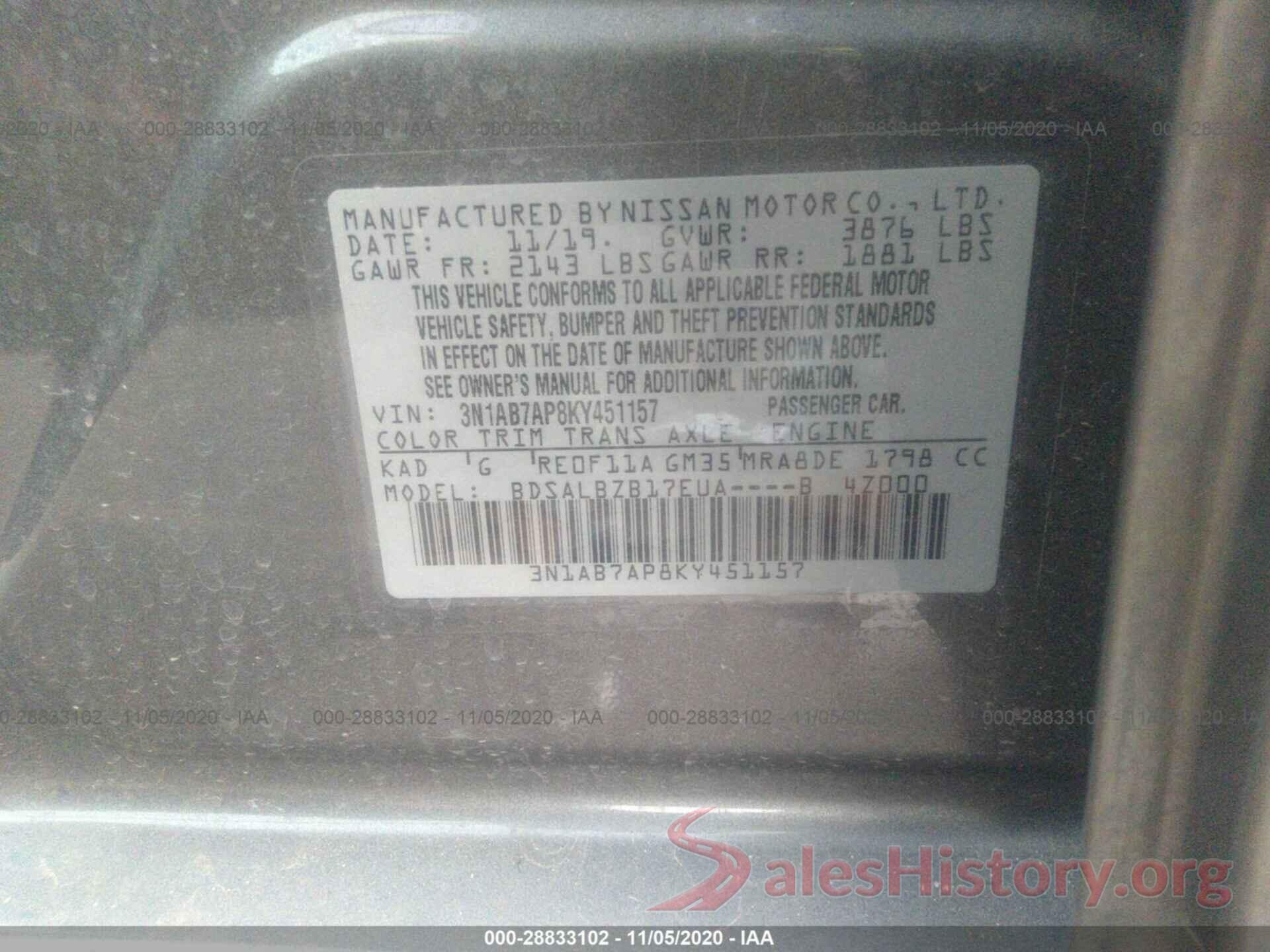 3N1AB7AP8KY451157 2019 NISSAN SENTRA