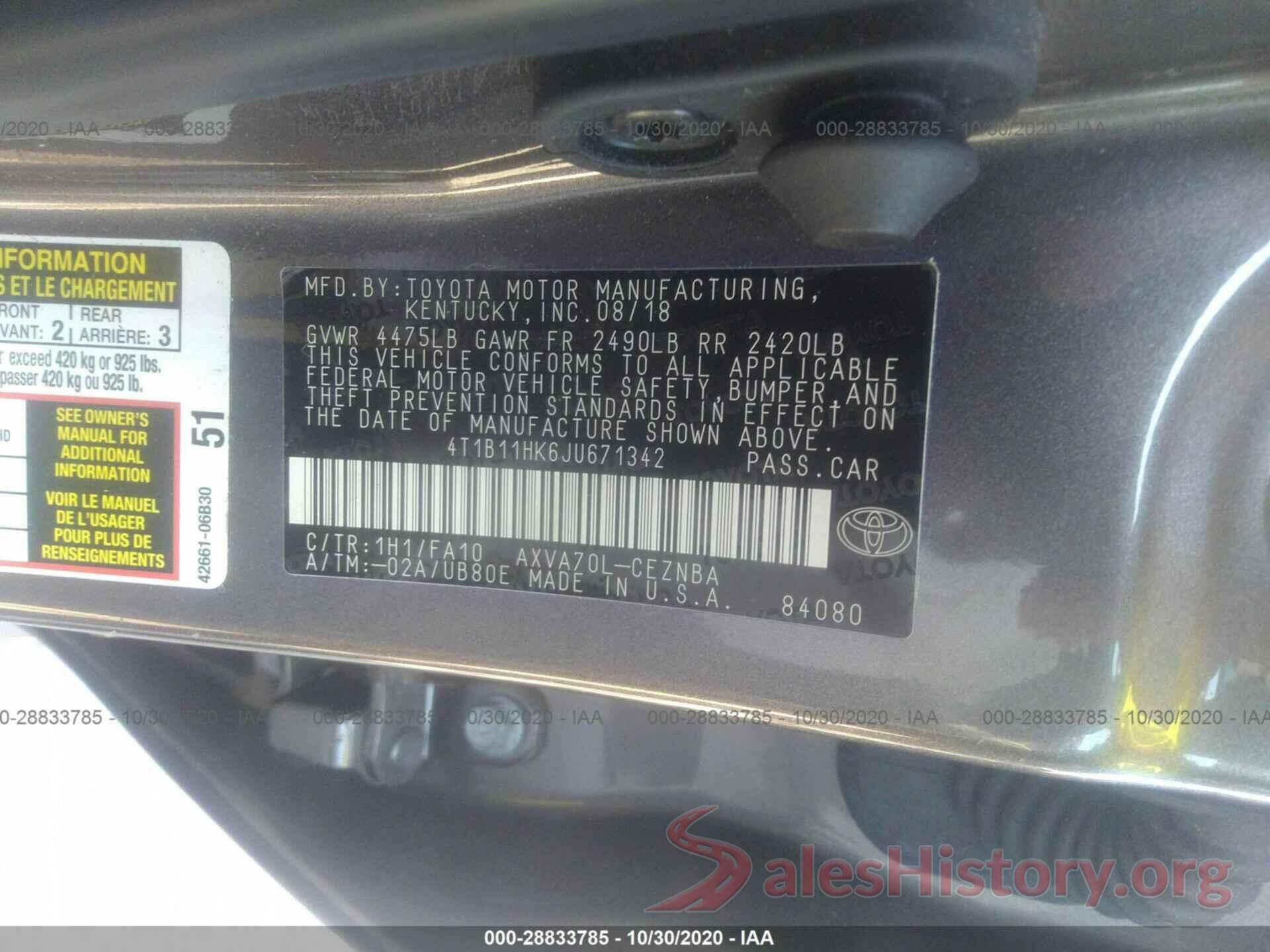 4T1B11HK6JU671342 2018 TOYOTA CAMRY