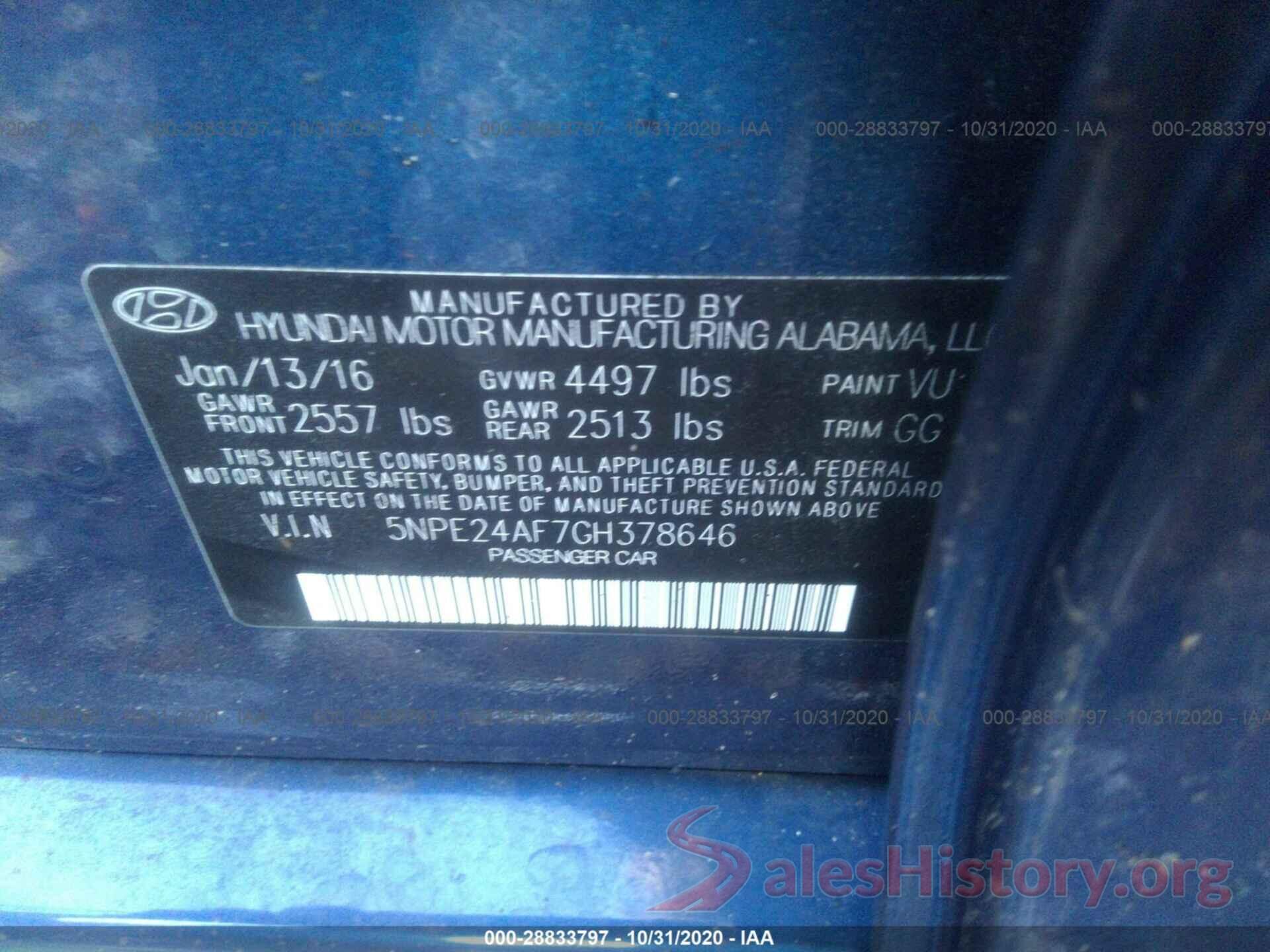 5NPE24AF7GH378646 2016 HYUNDAI SONATA