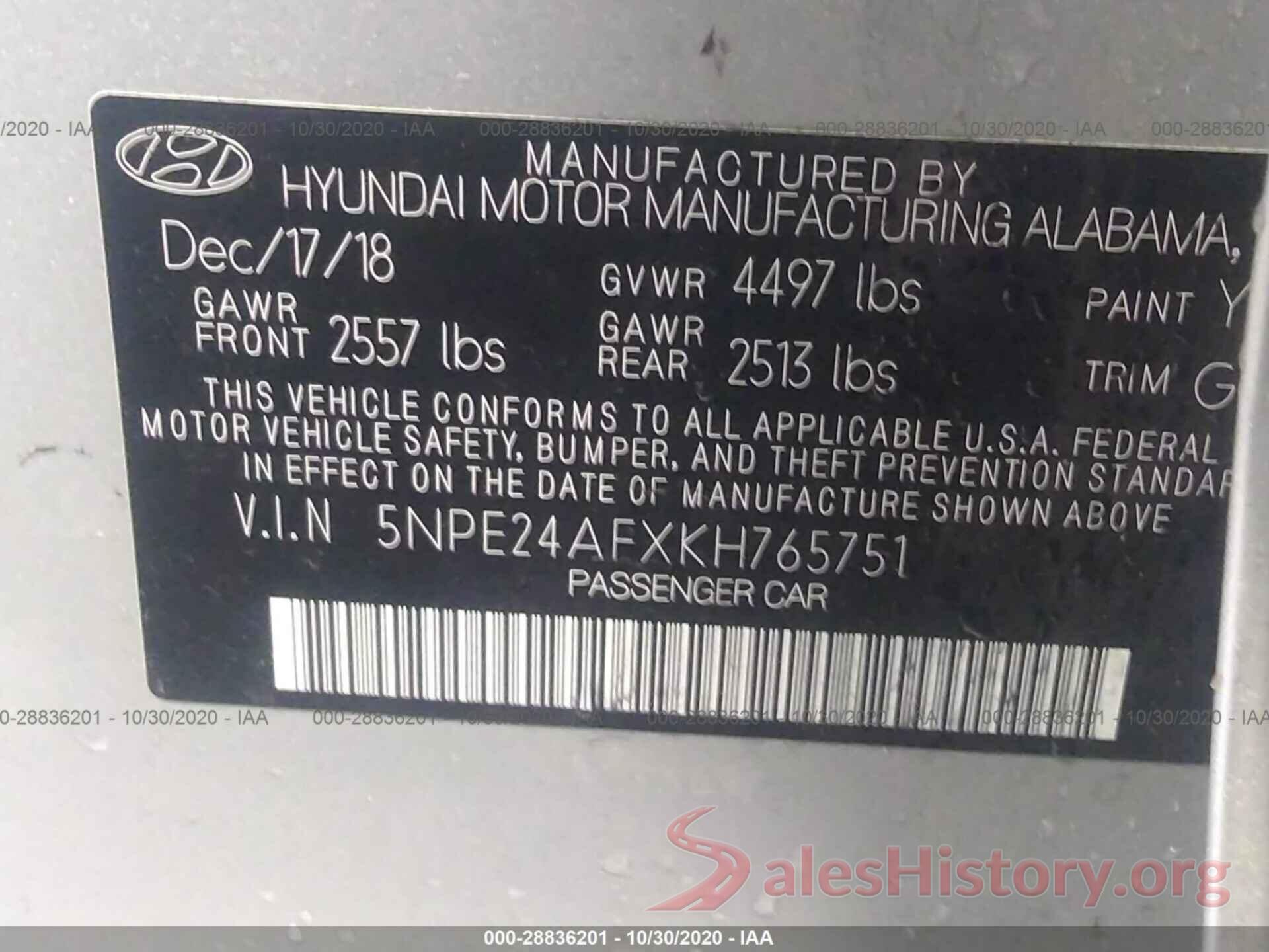 5NPE24AFXKH765751 2019 HYUNDAI SONATA