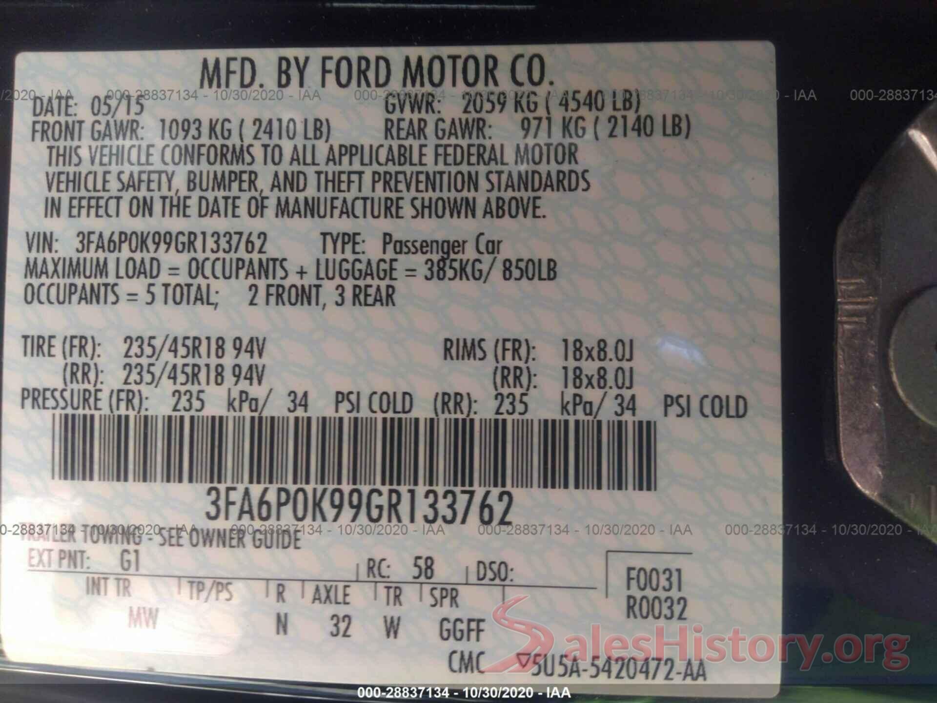 3FA6P0K99GR133762 2016 FORD FUSION