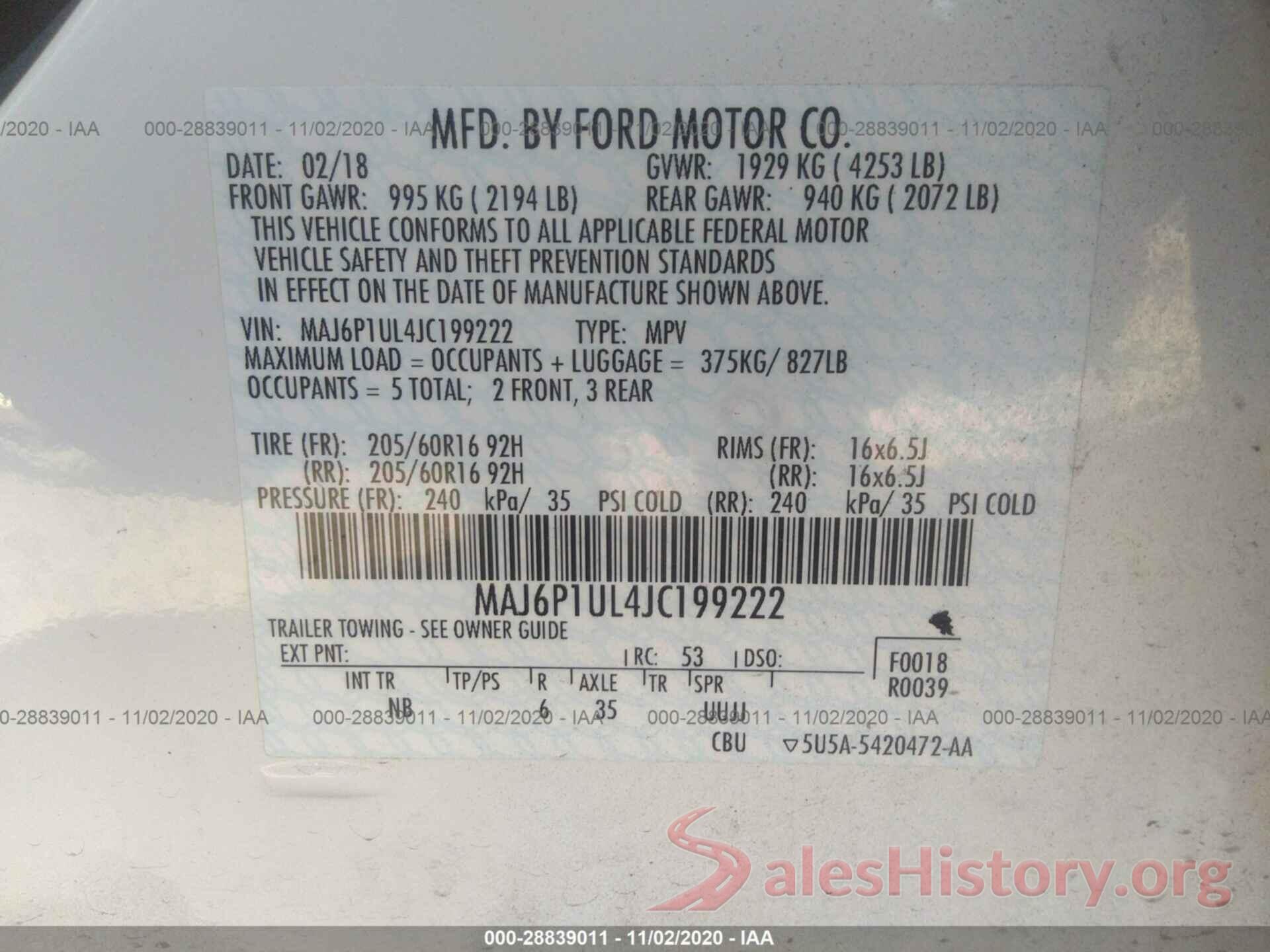 MAJ6P1UL4JC199222 2018 FORD ECOSPORT