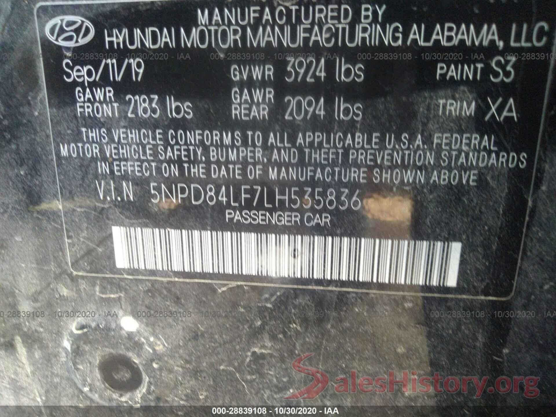 5NPD84LF7LH535836 2020 HYUNDAI ELANTRA