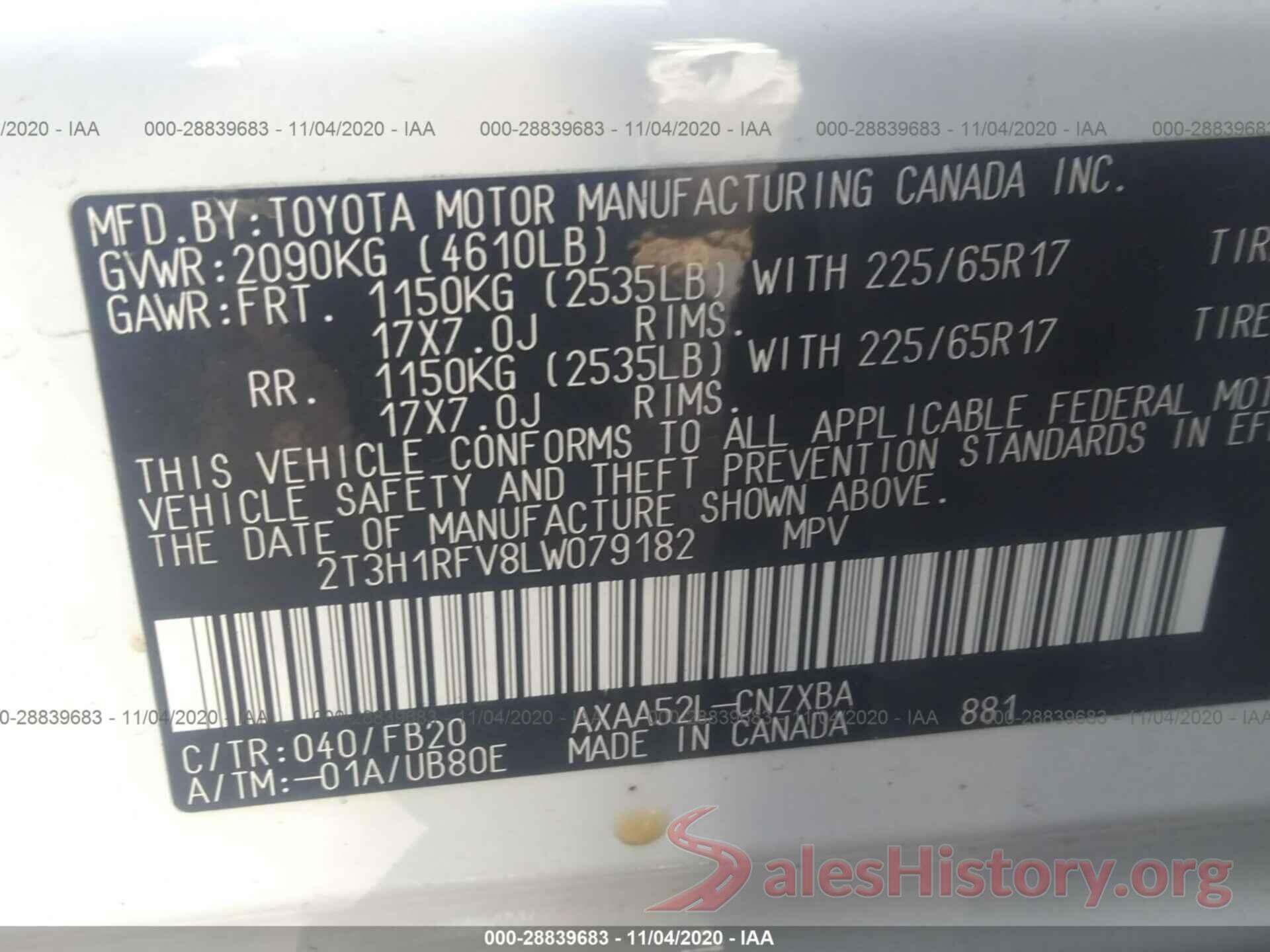 2T3H1RFV8LW079182 2020 TOYOTA RAV4