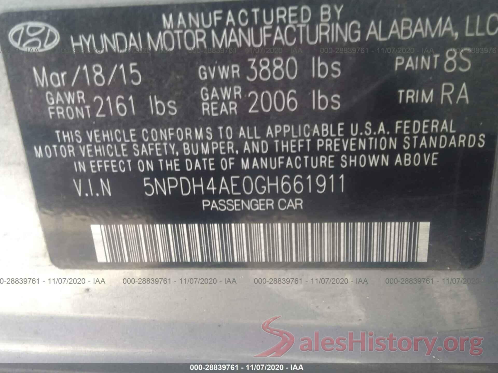 5NPDH4AE0GH661911 2016 HYUNDAI ELANTRA