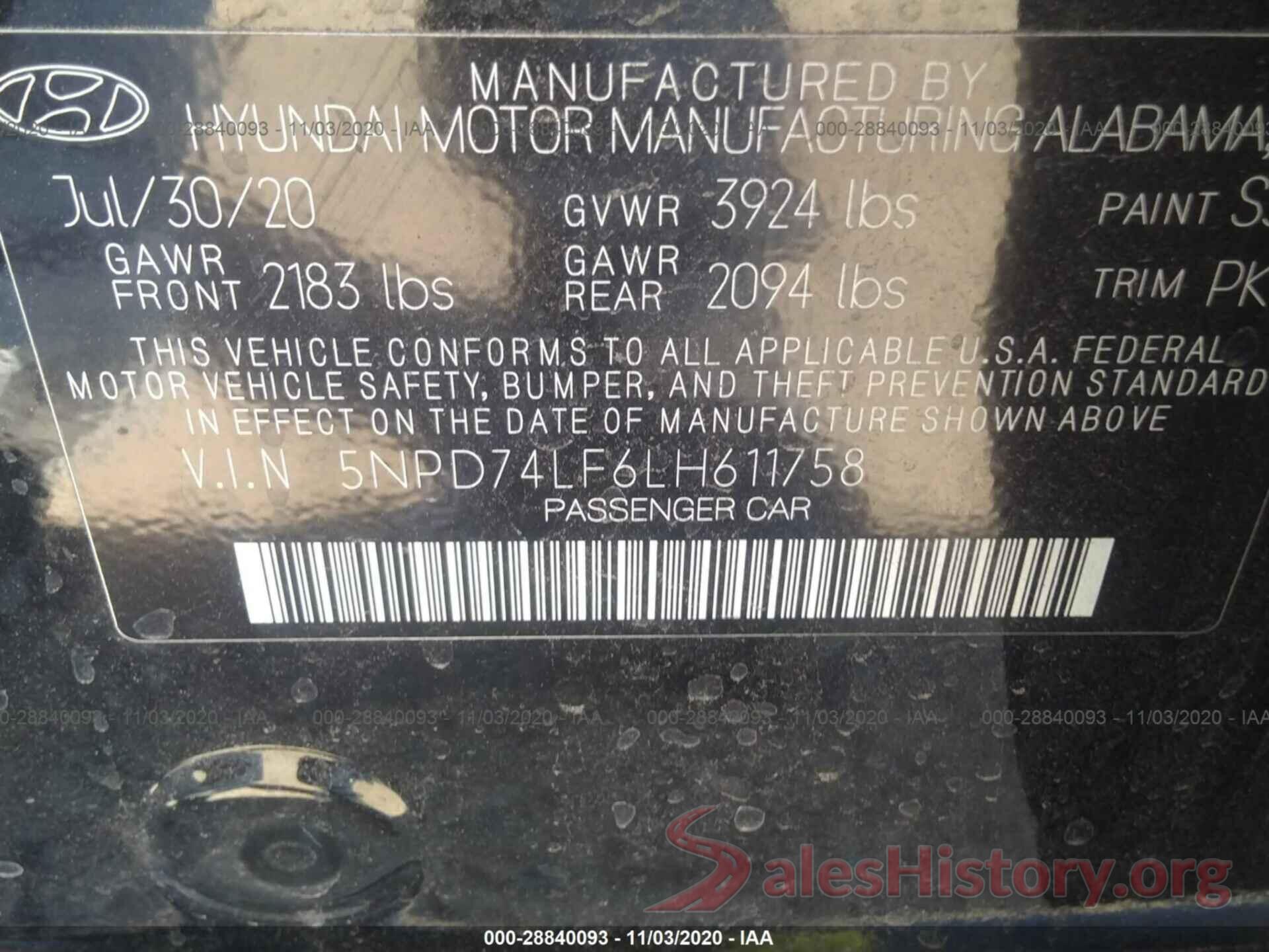 5NPD74LF6LH611758 2020 HYUNDAI ELANTRA