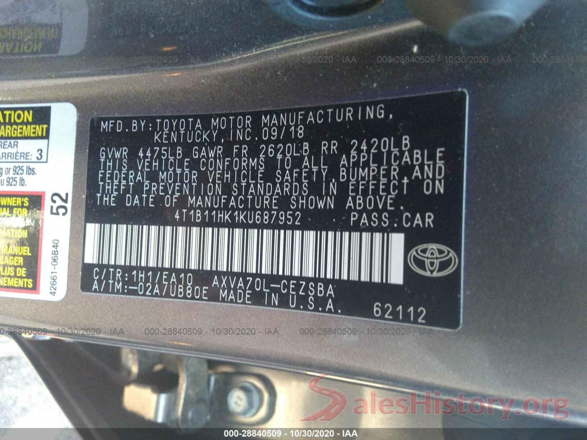 4T1B11HK1KU687952 2019 TOYOTA CAMRY