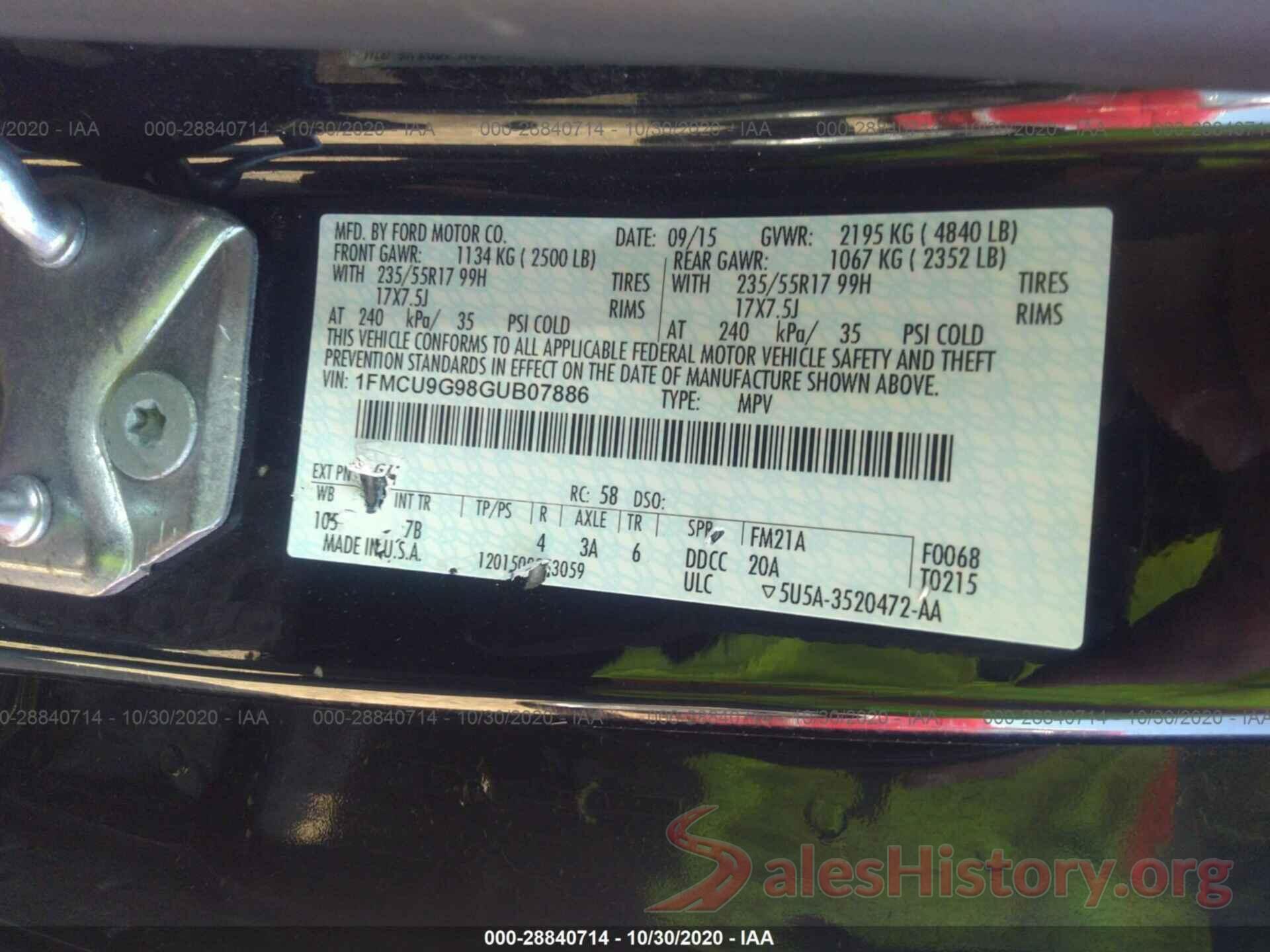 1FMCU9G98GUB07886 2016 FORD ESCAPE